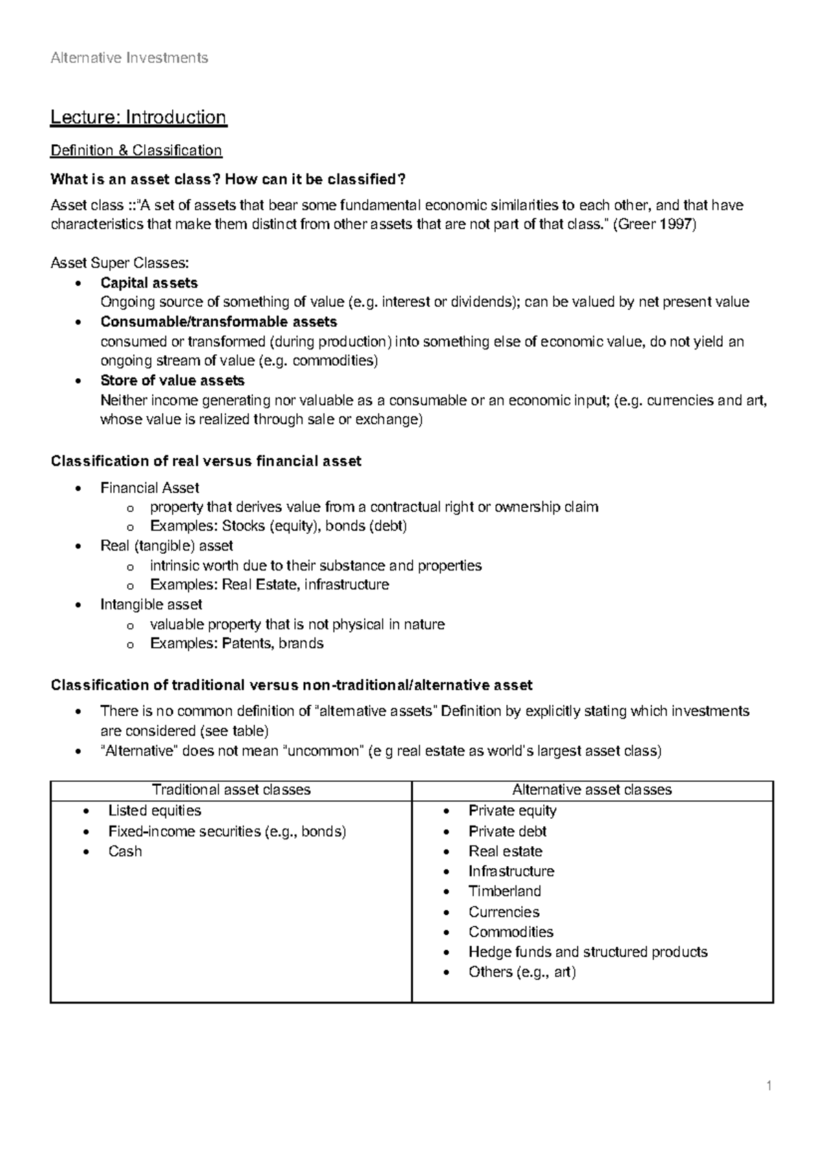 Lecture Notes: Alternative Investments Overview and Key Concepts - Studocu