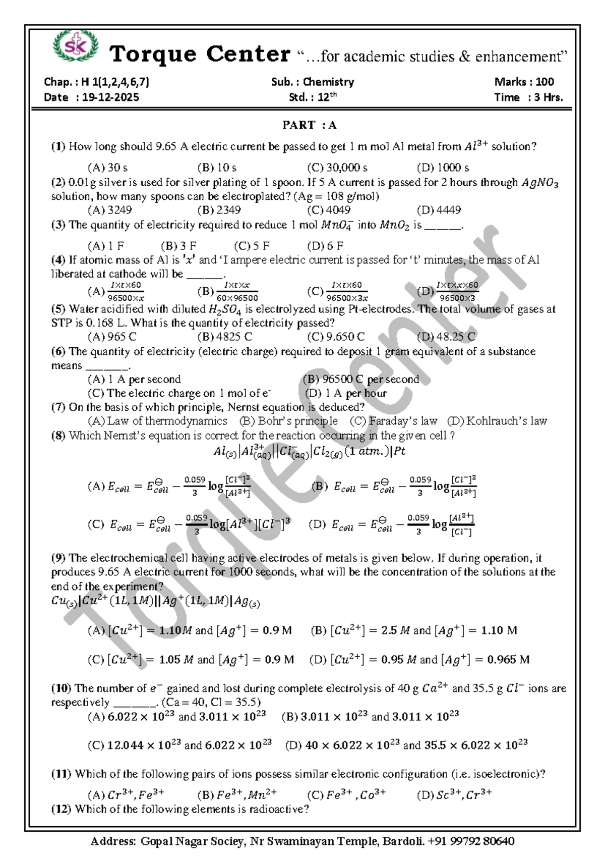 Chemistry Std. 12 - Torque Center Academic Studies: Chapter H1 (1,2,4,6 ...