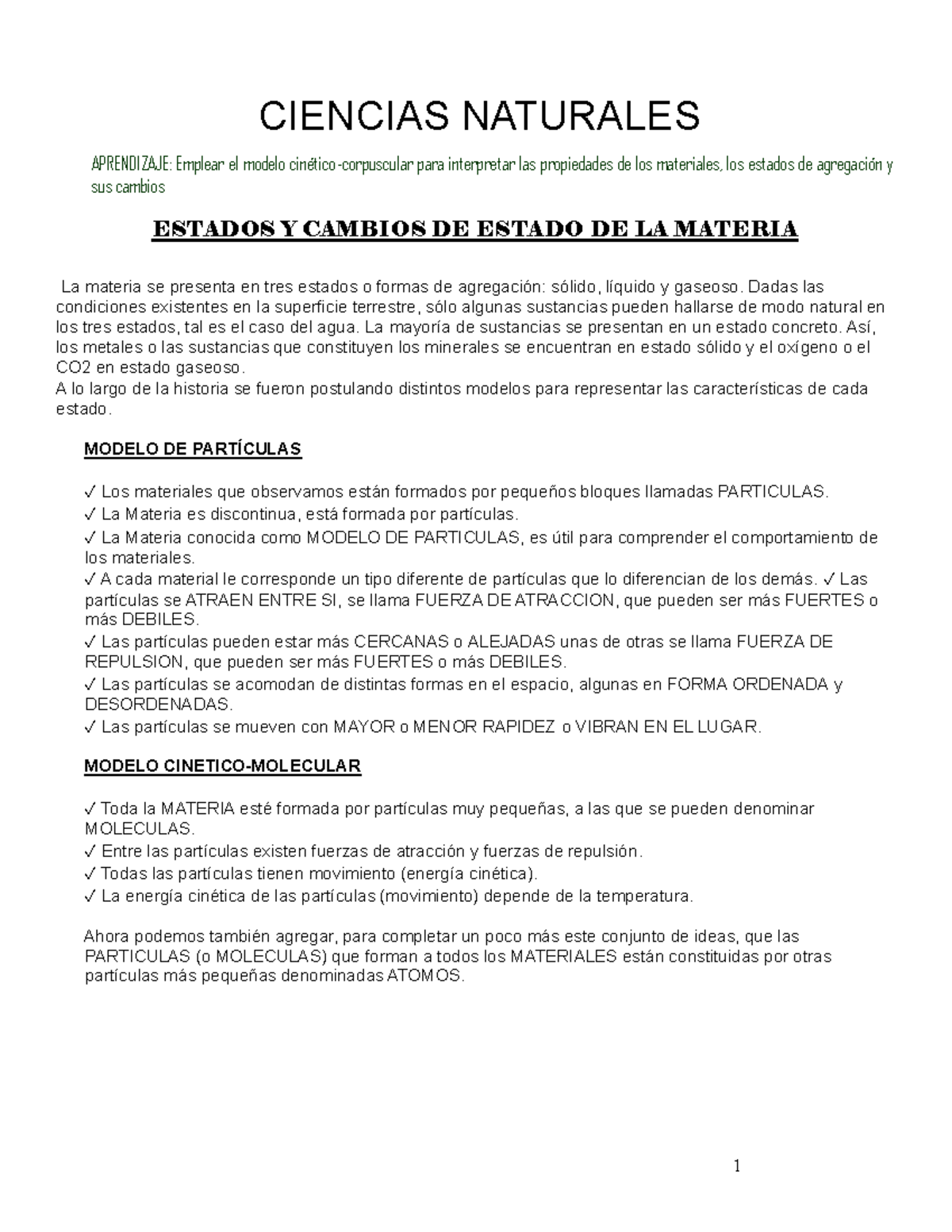 CIENCIAS NATURALES APRENDIZAJE: Estados y Cambios de la Materia - Studocu