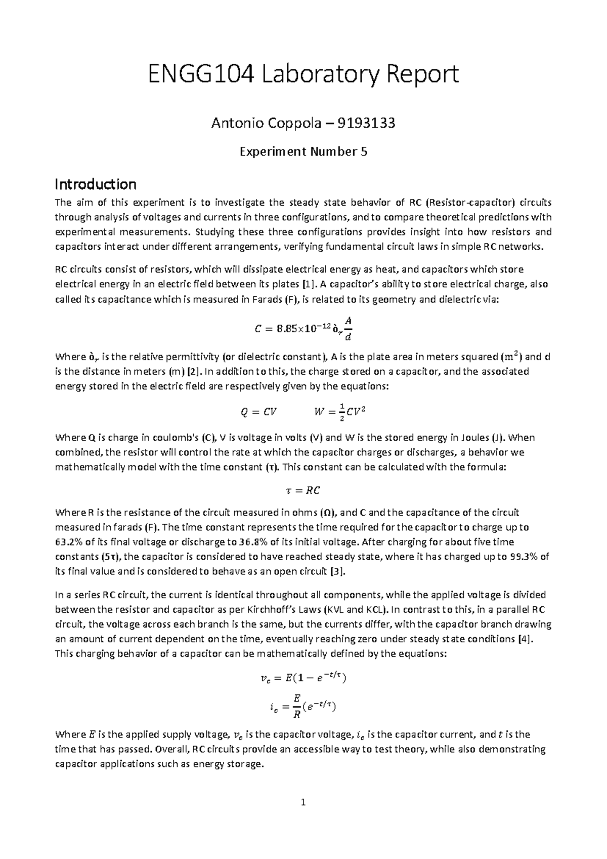 ENGG104 Laboratory Report: Steady State Behavior of RC Circuits - Studocu