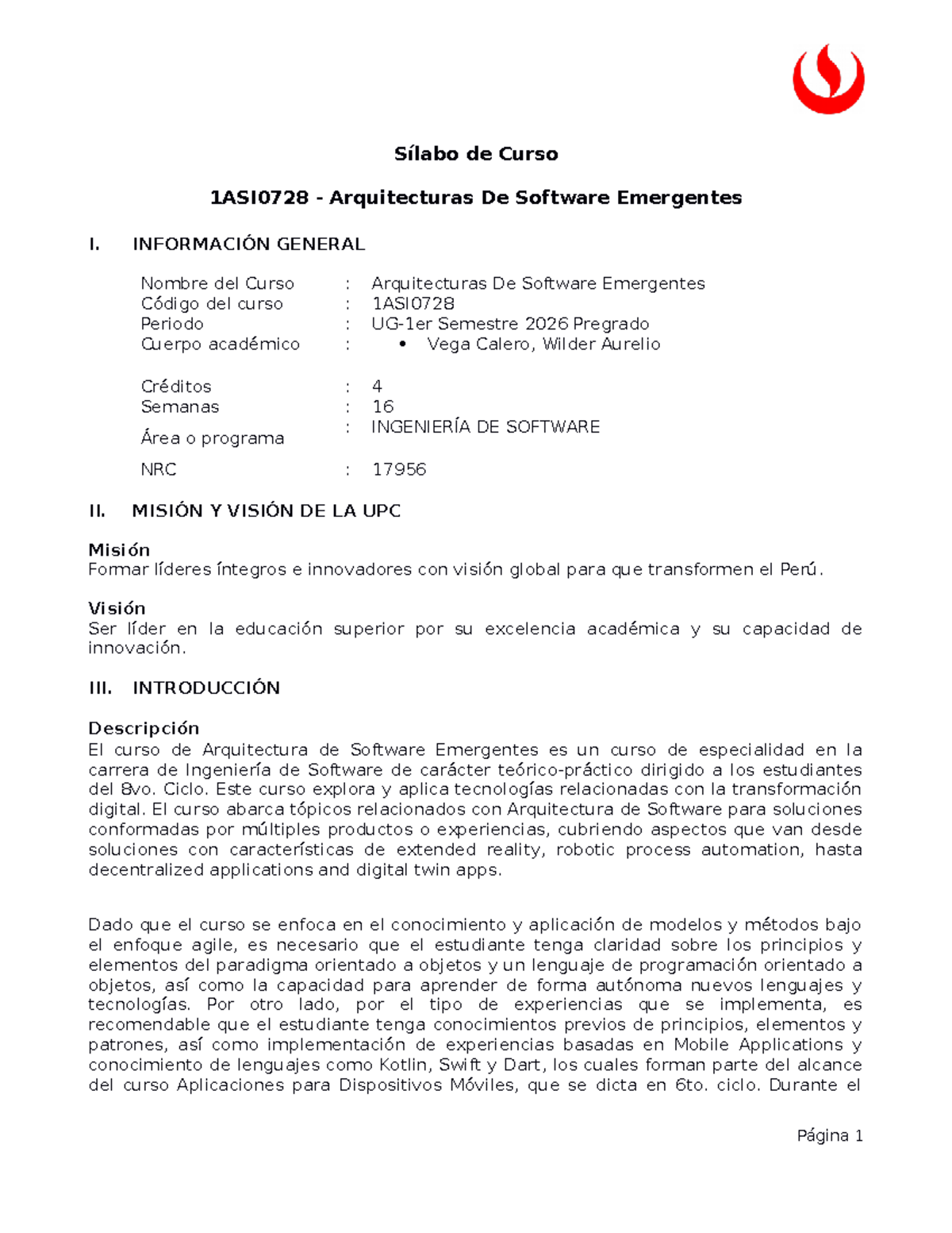Sílabo del Curso 1ASI0728: Arquitecturas de Software Emergentes I - Studocu