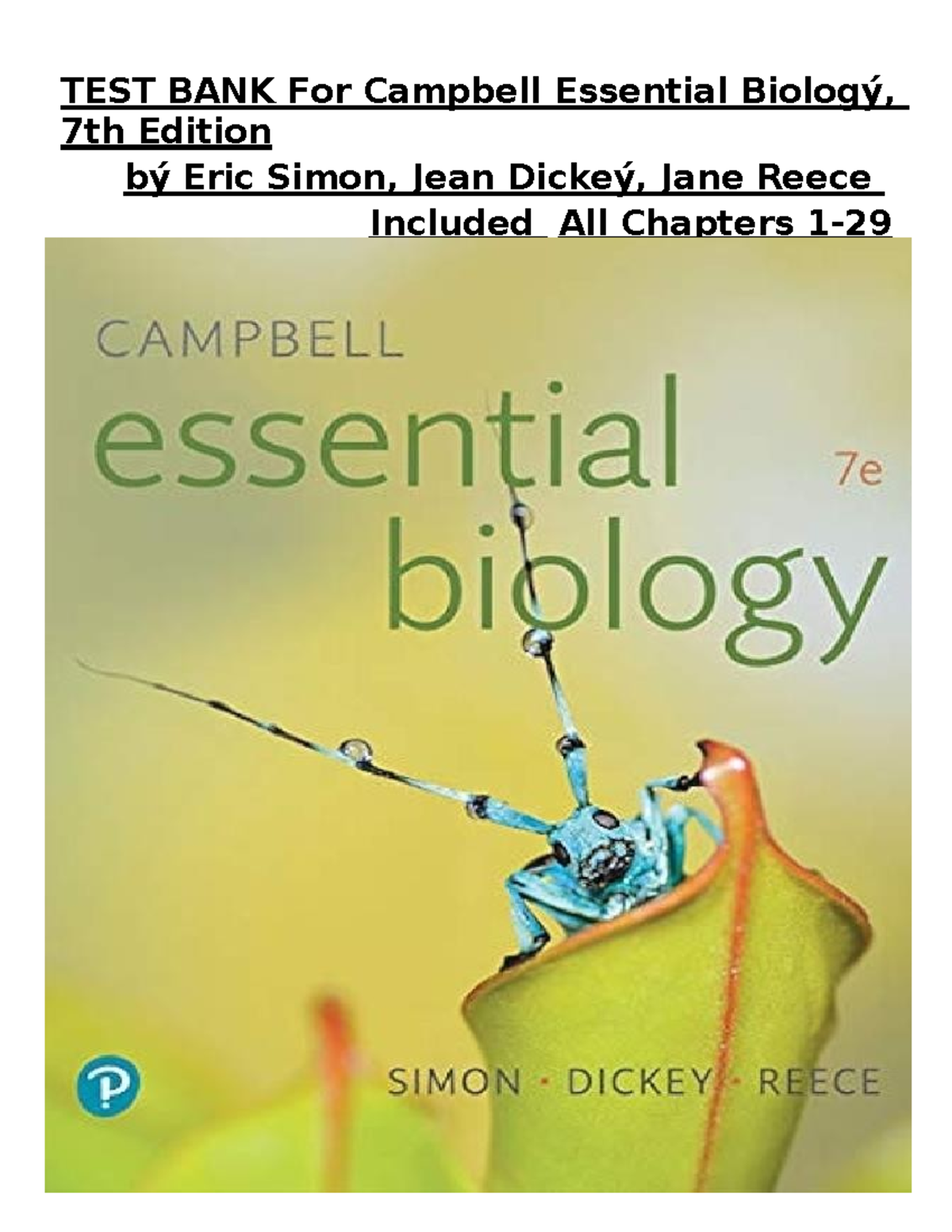 Test Bank for Campbell Essential Biology, 7th Ed. - Chapters 1-29
