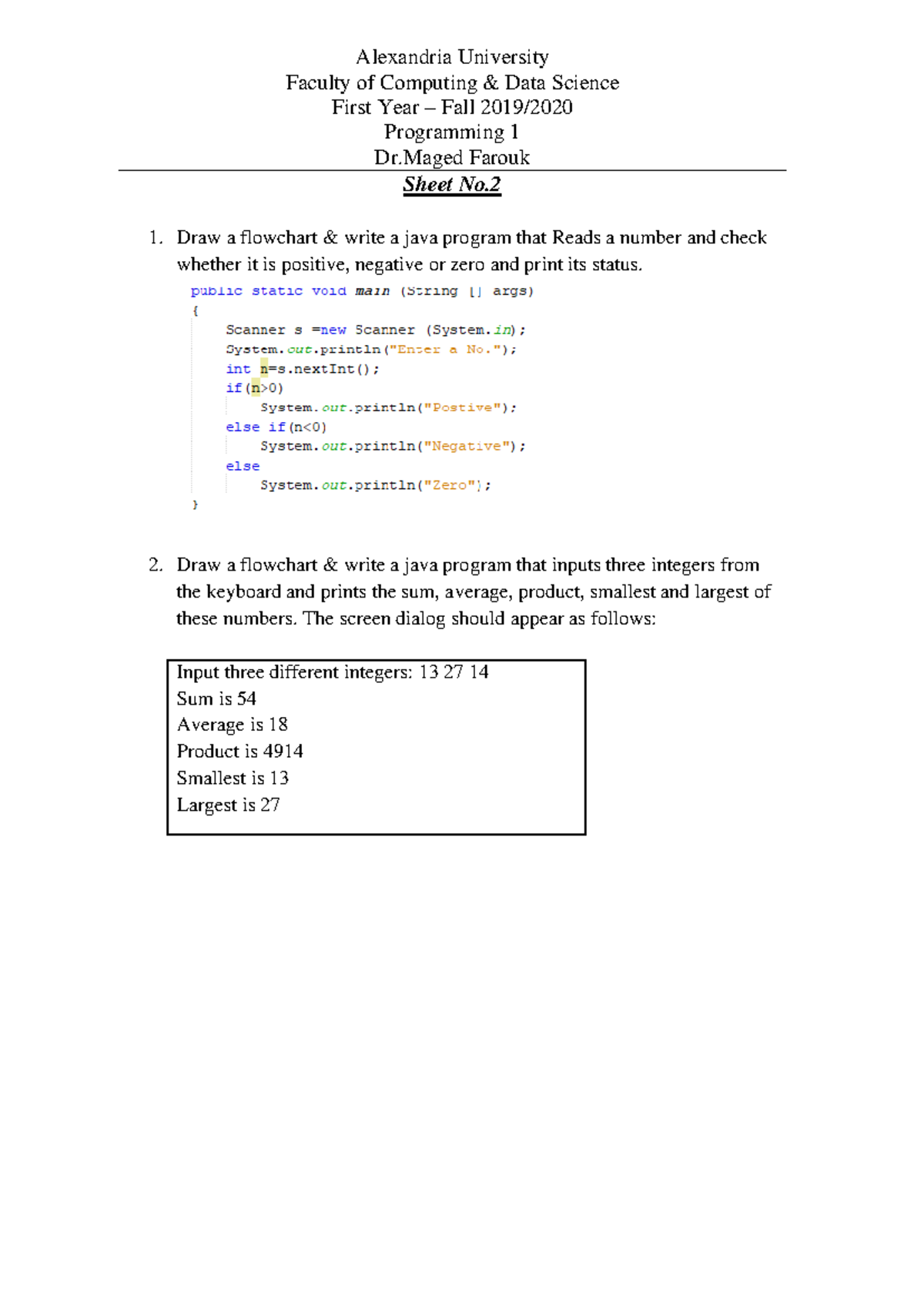 Programming -Sheet#2 - Alexandria University Faculty of Computing ...
