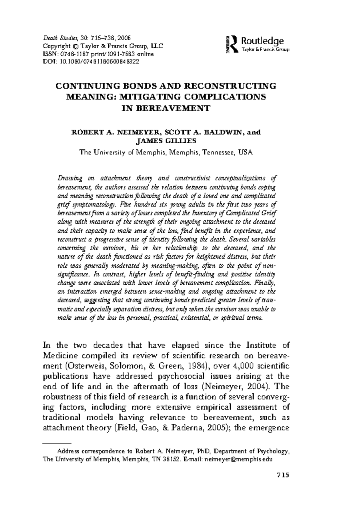 Continuing Bonds & Meaning Reconstruction in Bereavement: A Study - Studocu