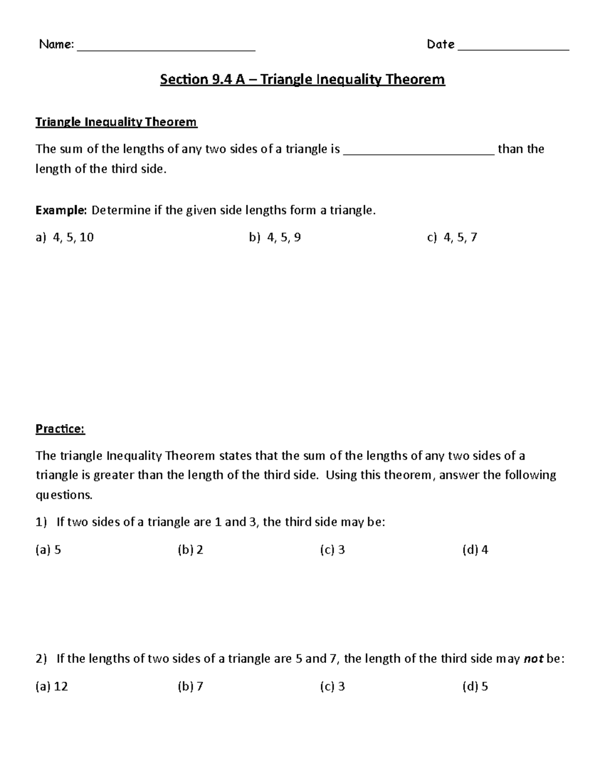 9.4A Triangle Inequality Theorem Practice and Examples - Studocu