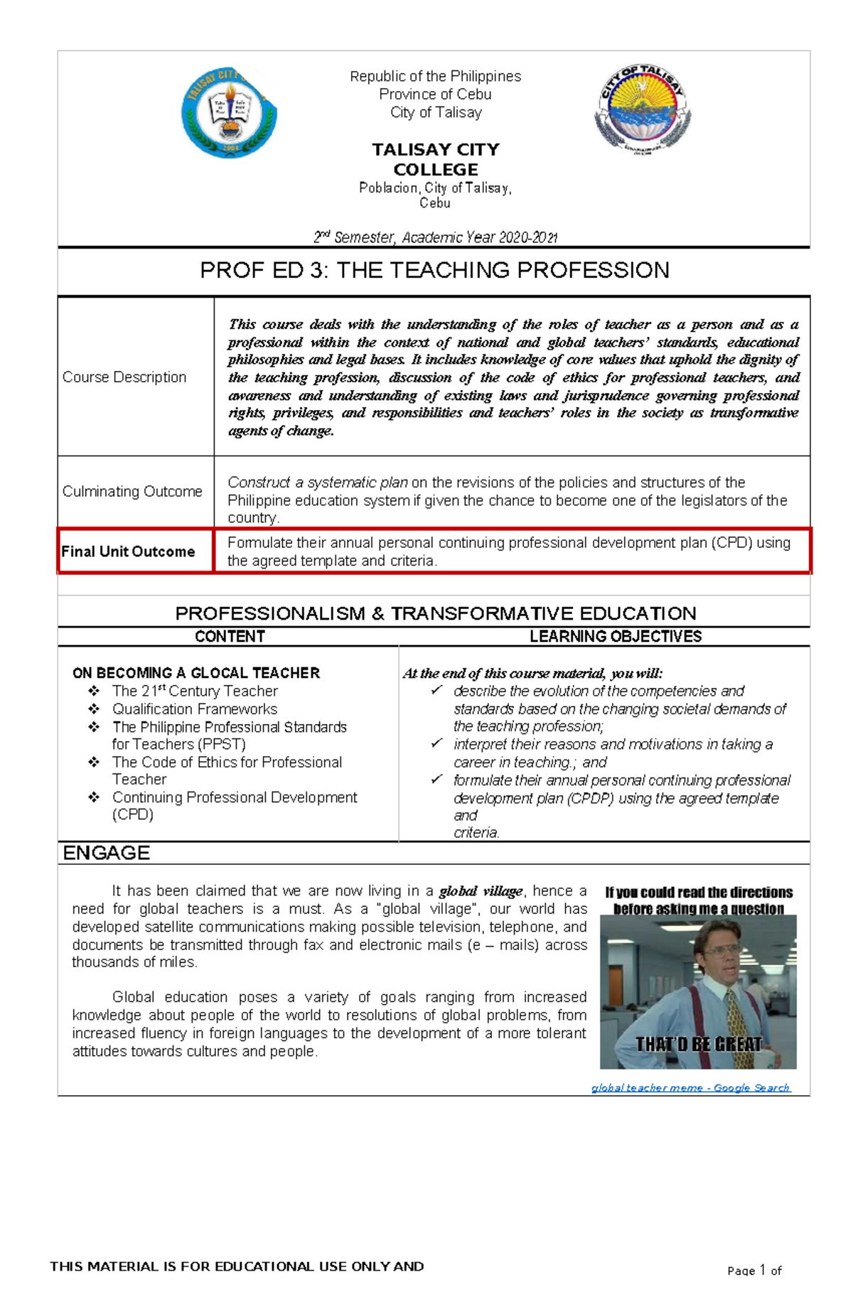 Notes-1 - EDUC 21 NOTES. - THIS MATERIAL IS FOR EDUCATIONAL USE ONLY ...