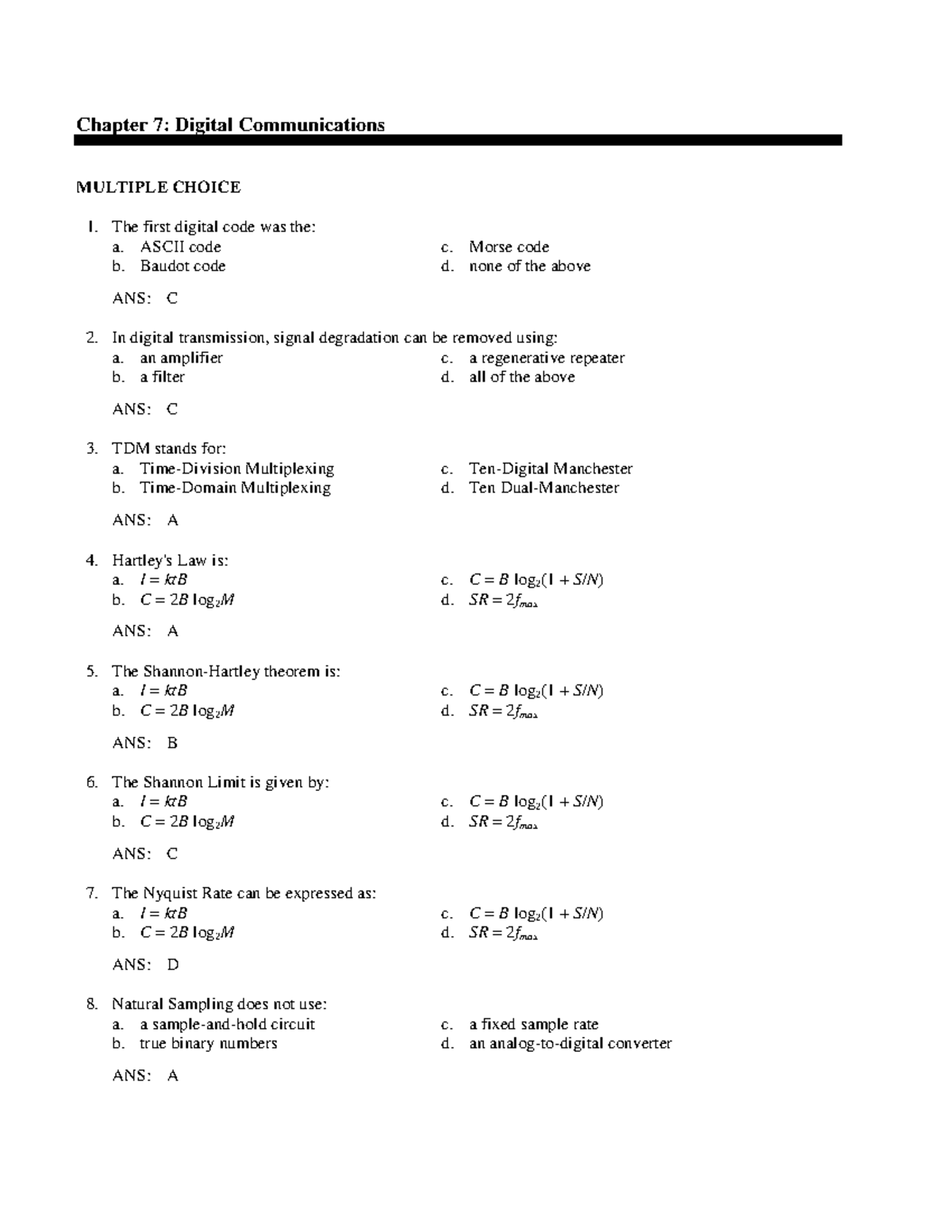 Exam 2010, questions and answers - Chapter 7: Digital Communications ...