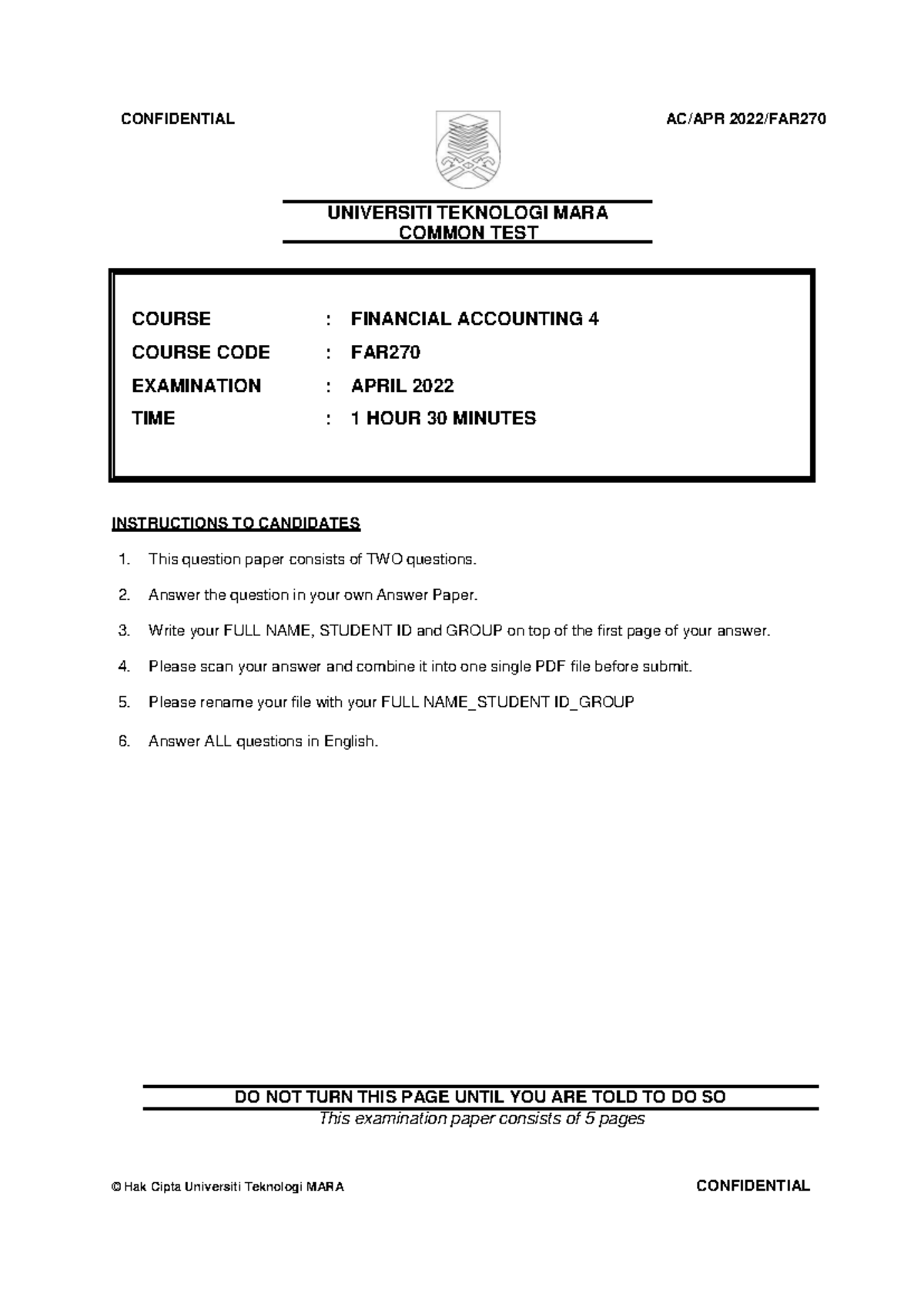 Question TEST FAR 270 April 2022 - COURSE : FINANCIAL ACCOUNTING 4 ...