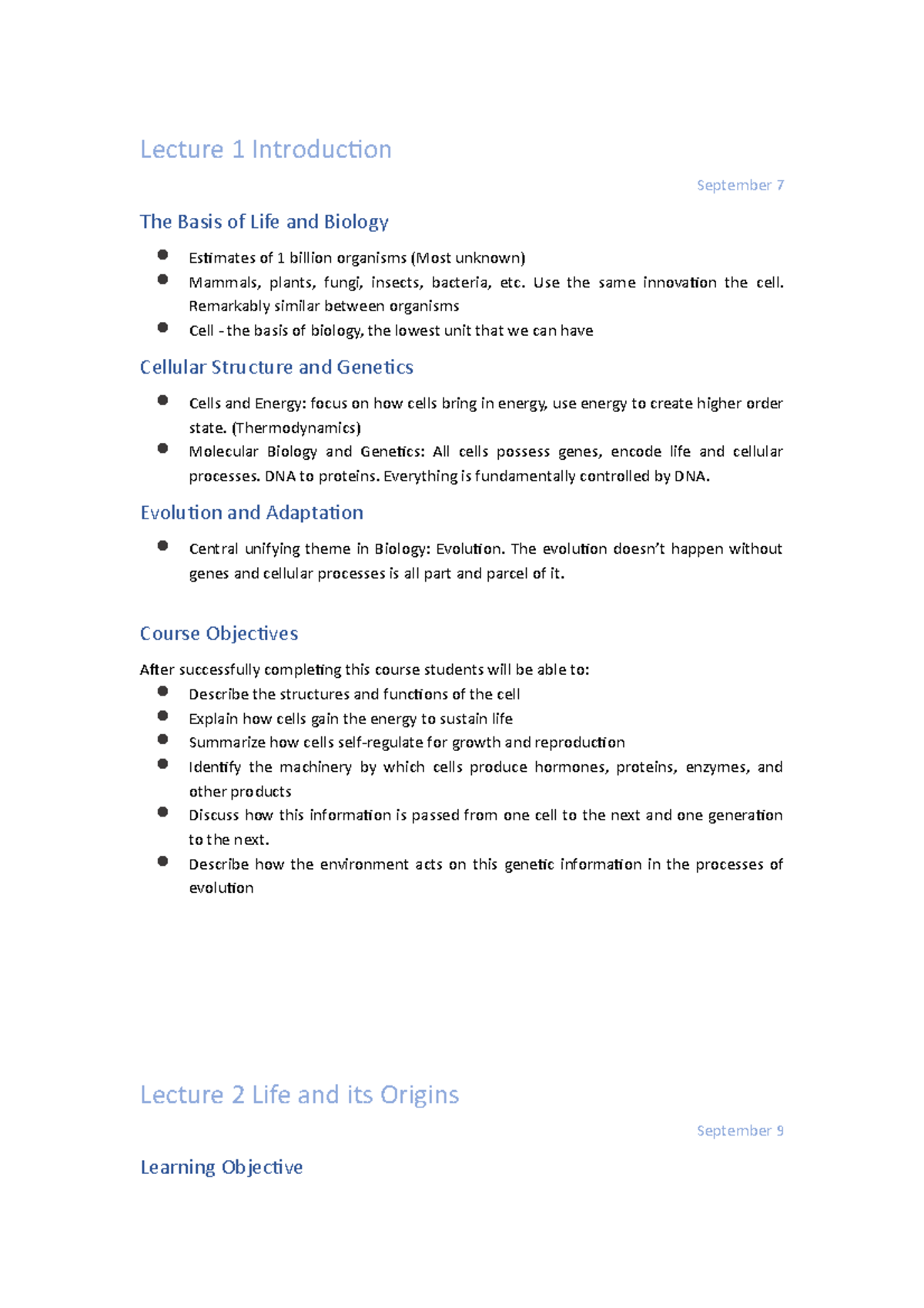 Biol 103 Lecture note - great review - Lecture 1 Introduction September ...
