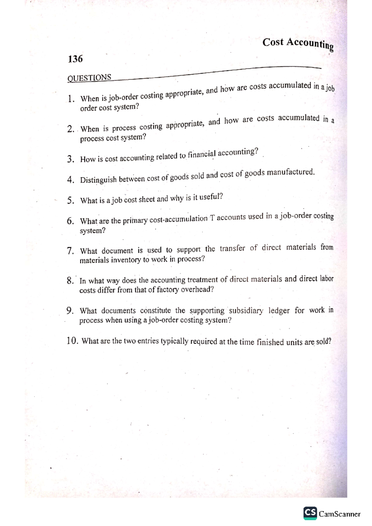 Chapter 5 Questions on Cost Accounting & Control - 2019 Edition - Studocu