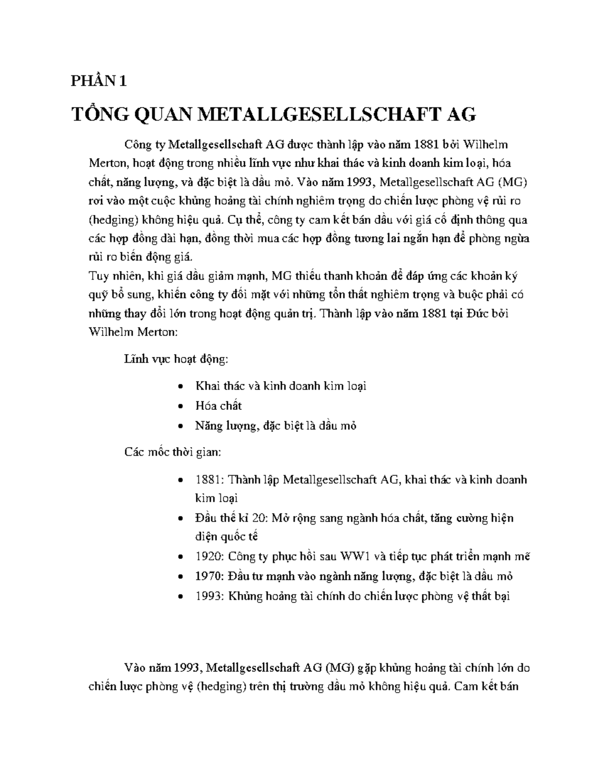 PHẦN 1 TỔNG QUAN VỀ METALLGESELLSCHAFT AG - NHÓM 2 - Studocu
