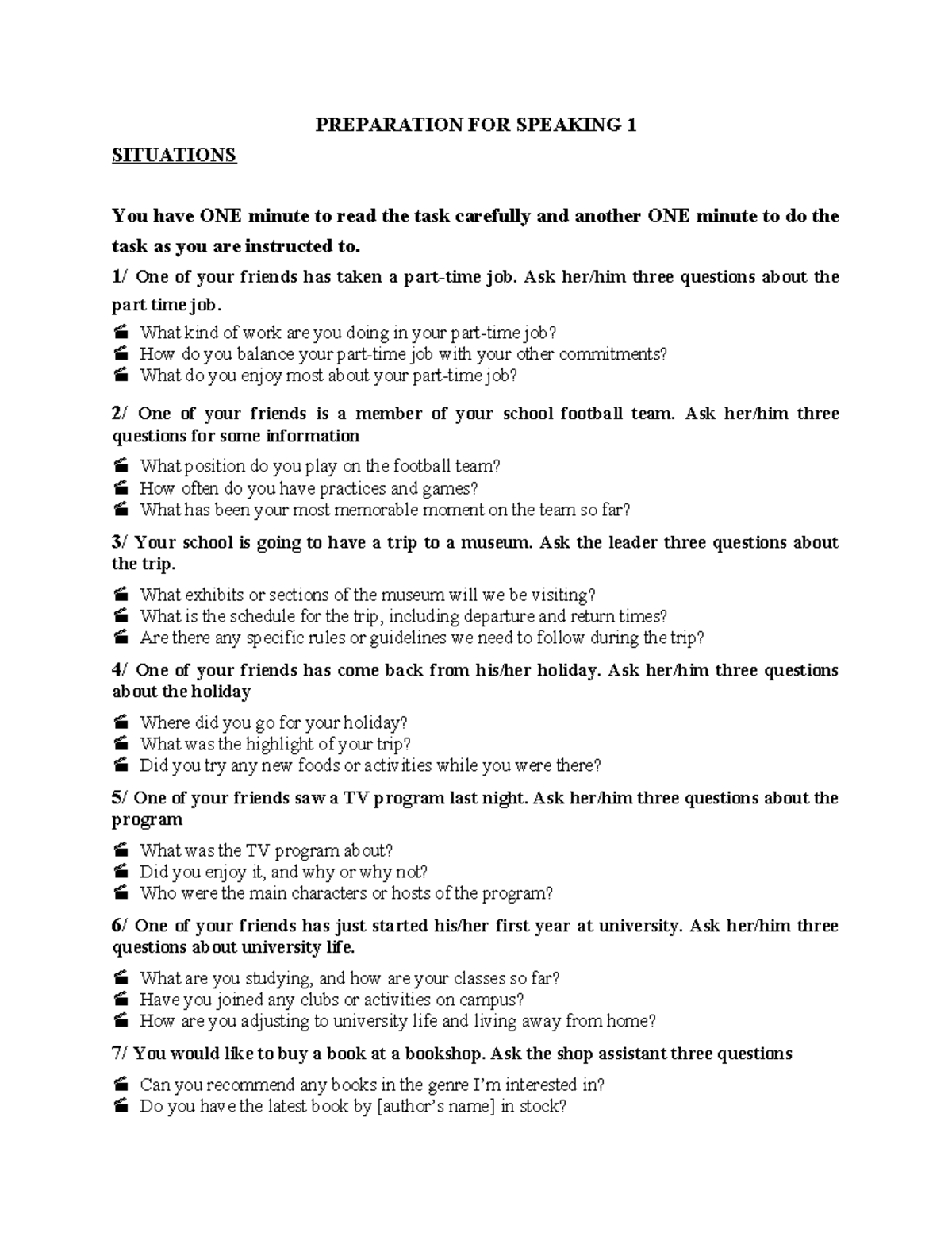 Preparation for Speaking 1: Key Questions & Scenarios - Studocu