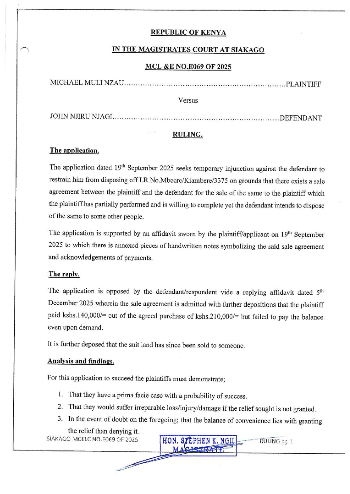 ELC E069 OF 2025 - Ruling on Temporary Injunction Application - Studocu