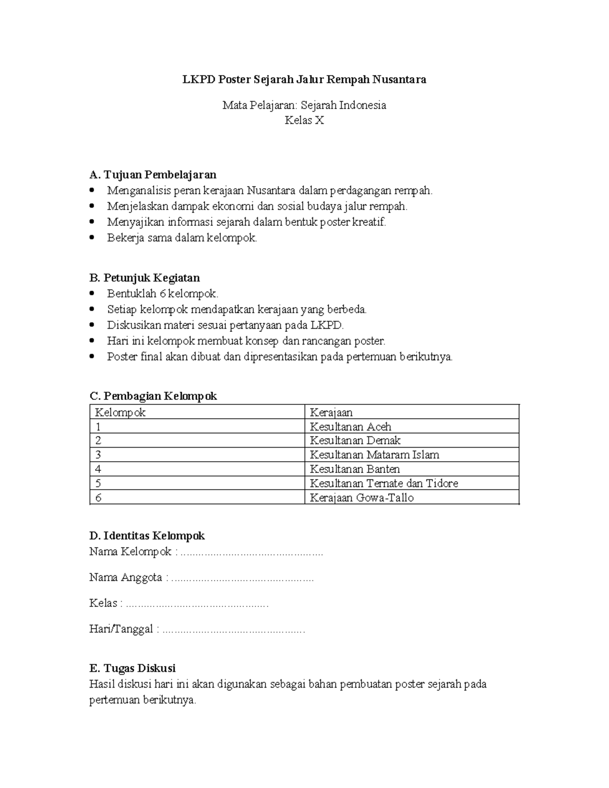 LKPD Poster Sejarah Jalur Rempah Nusantara Kelas X A - Studocu