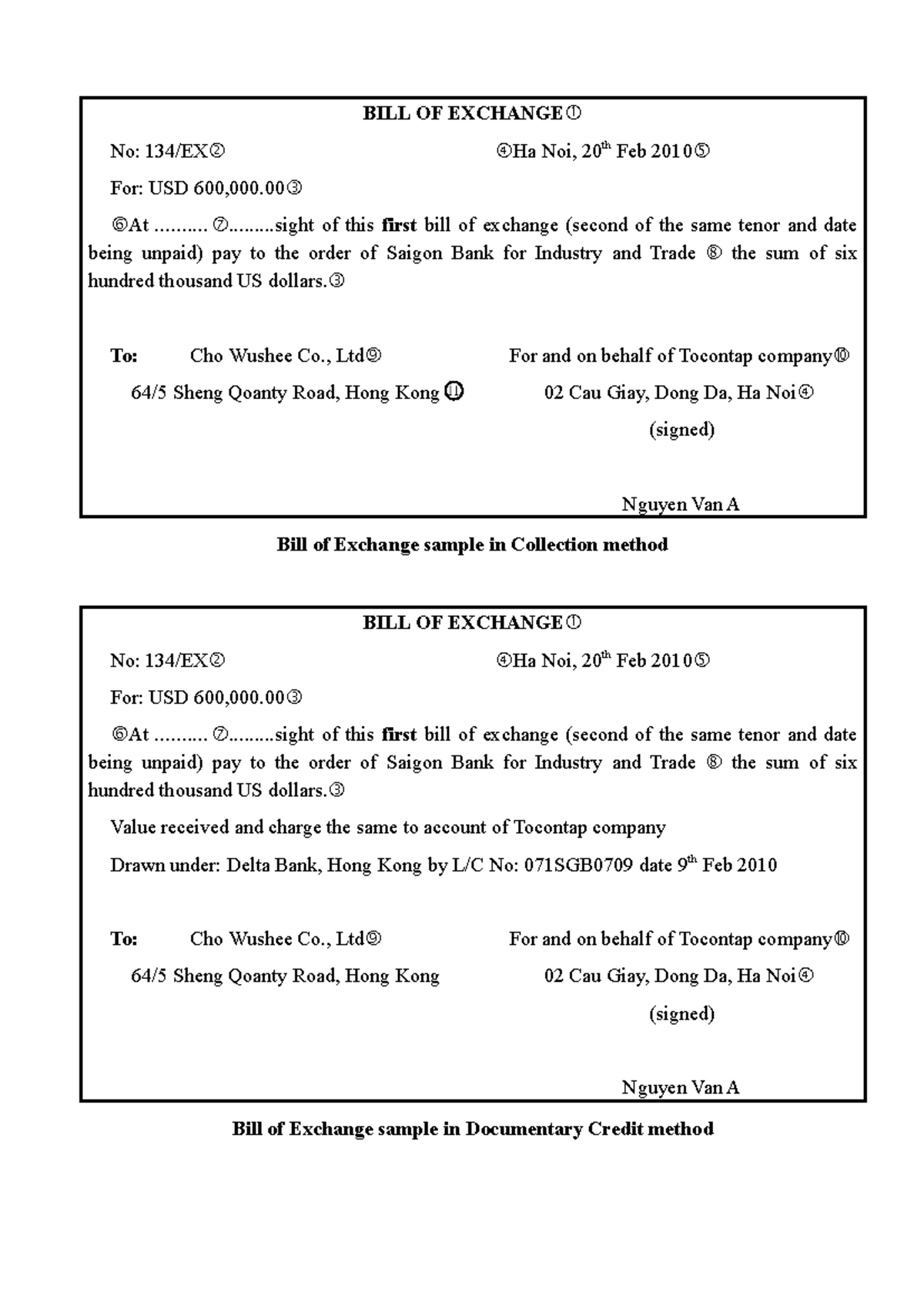 BILL OF EXCHANGE Sample - ttqt Collection & Documentary Credit Methods ...