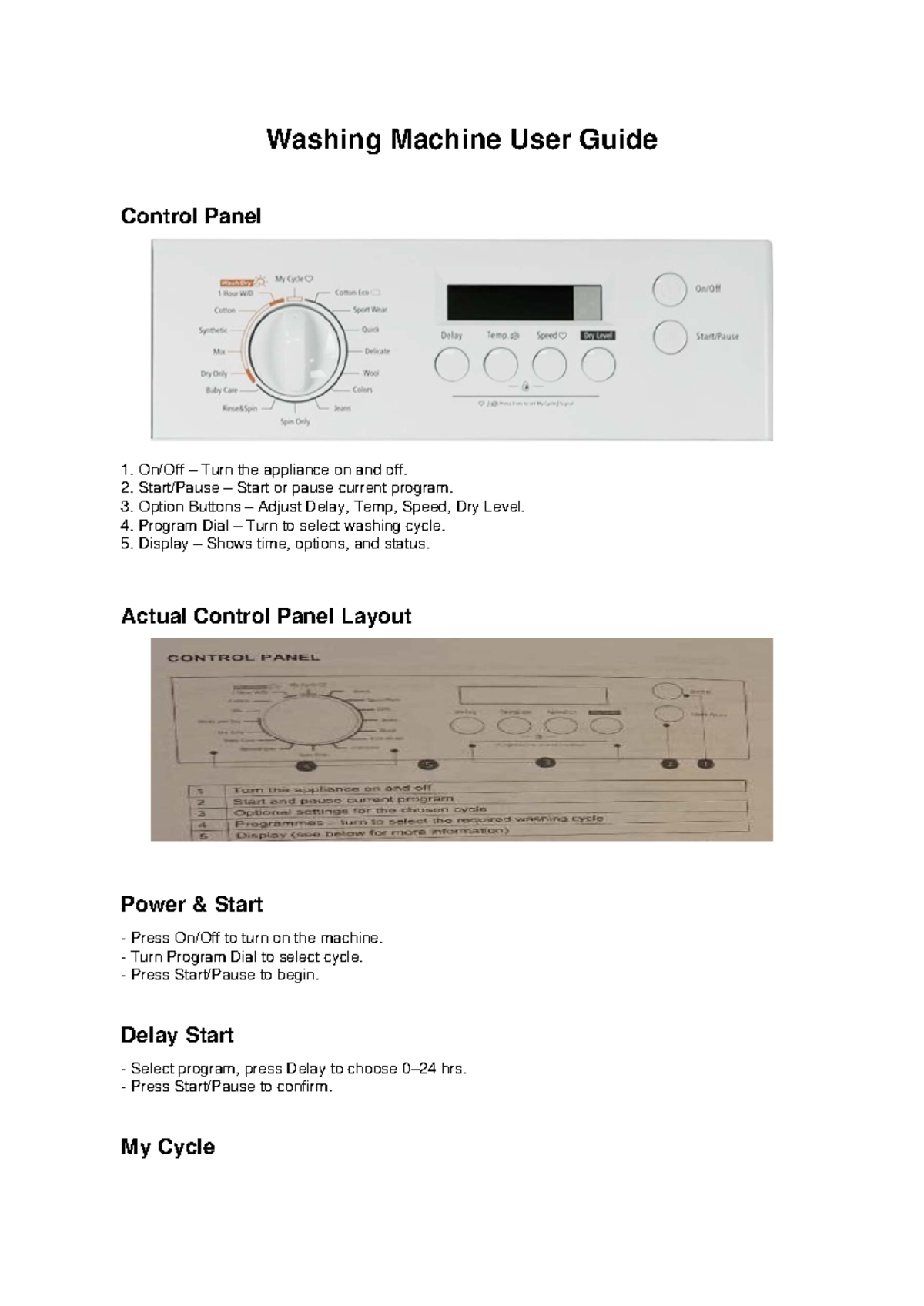Washing Machine User Guide: Control Panel Overview - Studocu