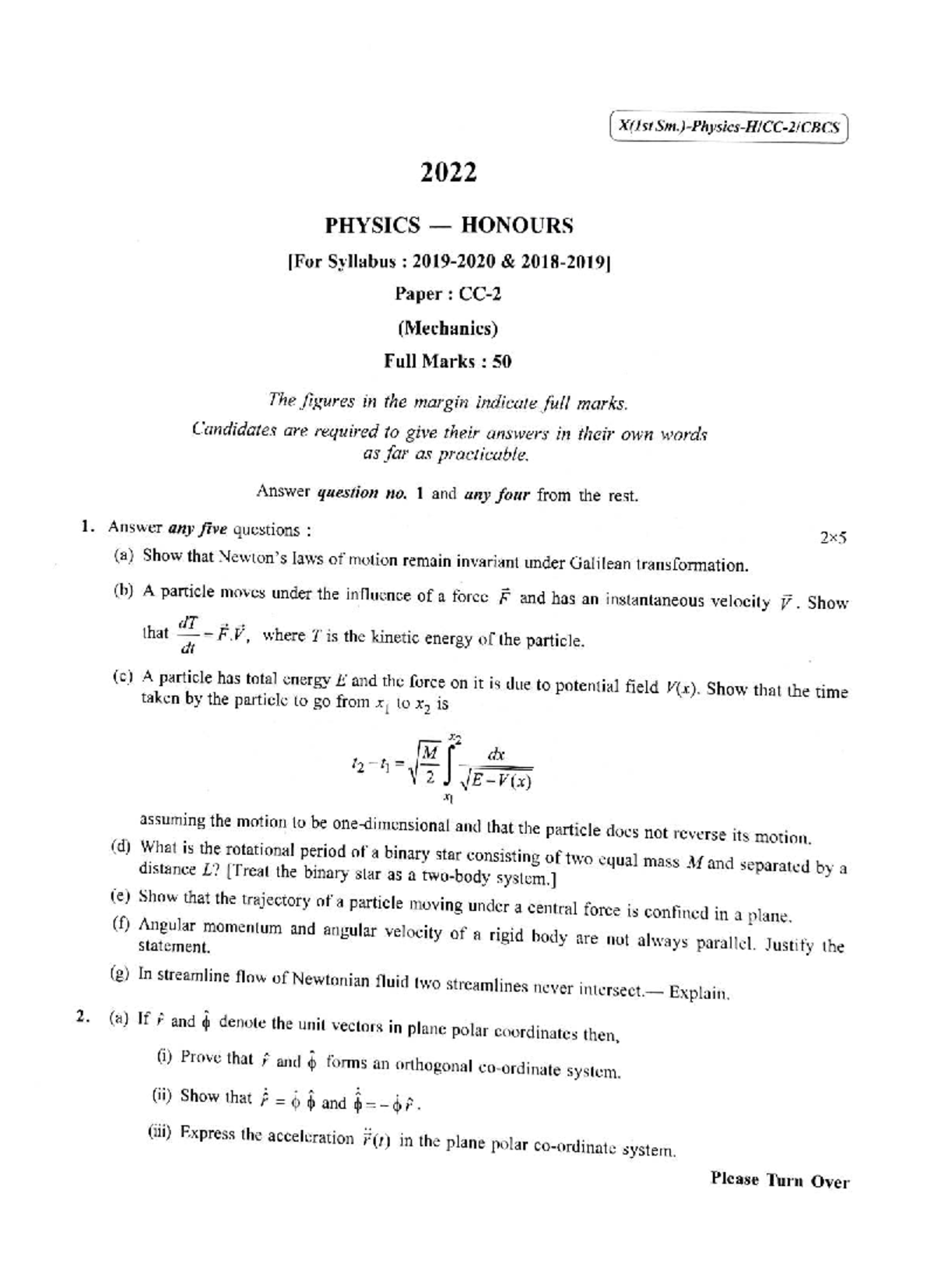 1ST SEM PHYSICS HONOURS CC-1 (Mechanics) Question Paper 2022 - Studocu