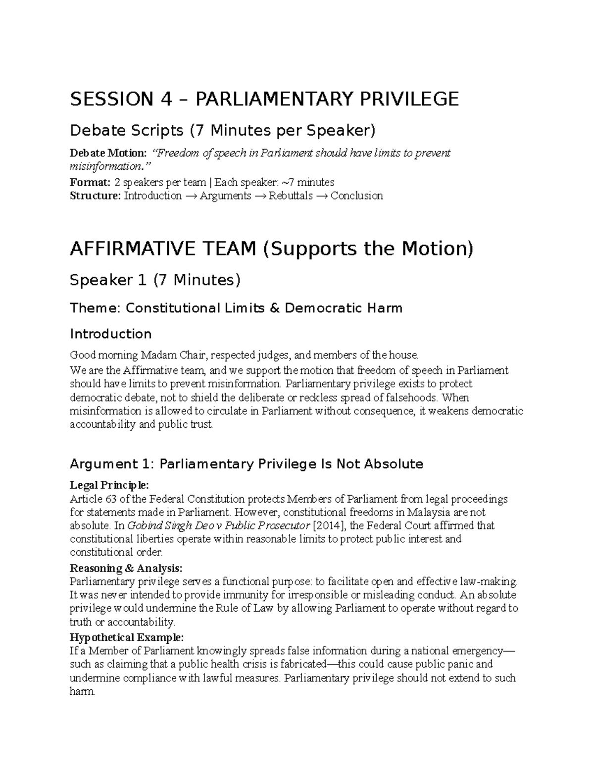 SESSION 4: PARLIAMENTARY PRIVILEGE Debate Scripts (7 Min/Speaker) - Studocu