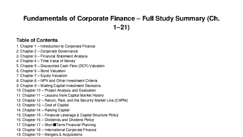 Fundamentals of Corporate Finance Study Summary (Ch. 1-21) - Studocu
