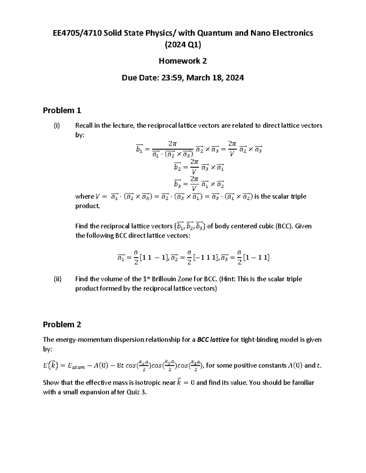 EE4705/4710 Homework 2: Solid State Physics & Quantum Electronics ...