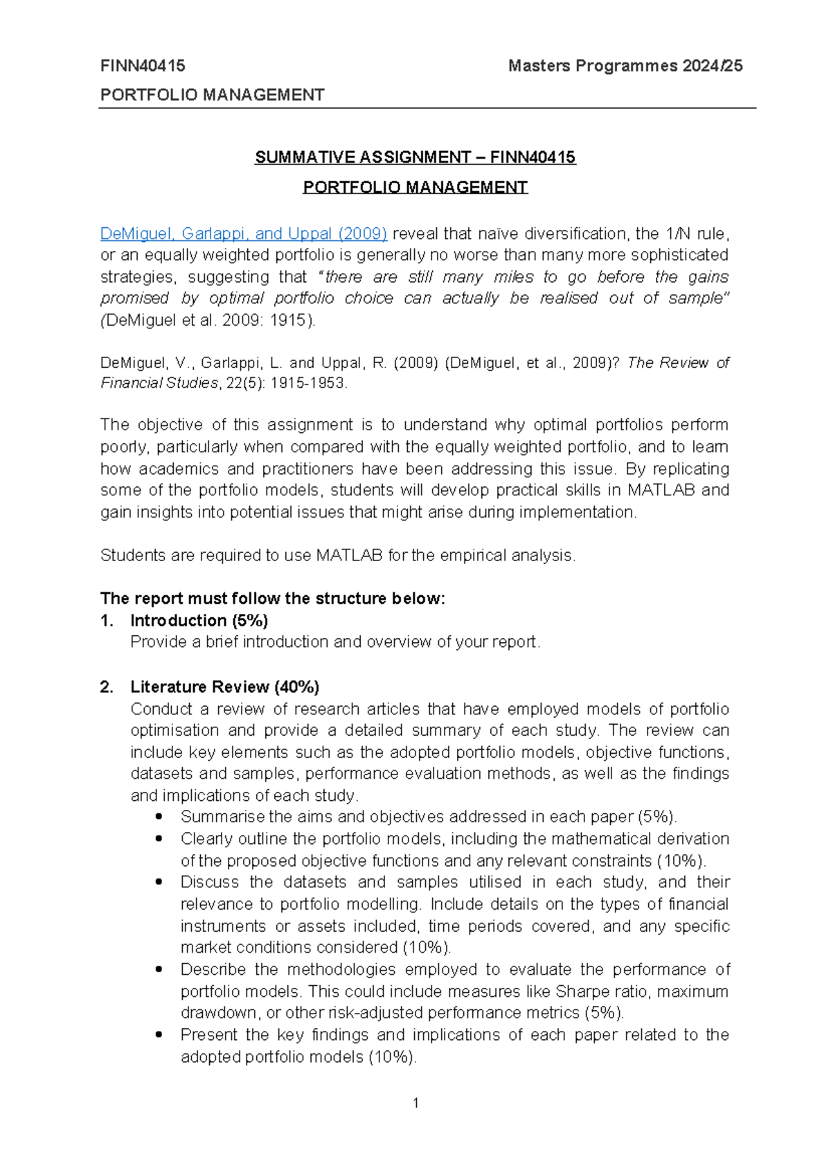 FINN40415 Masters Portfolio Management Summative Assignment - Studocu