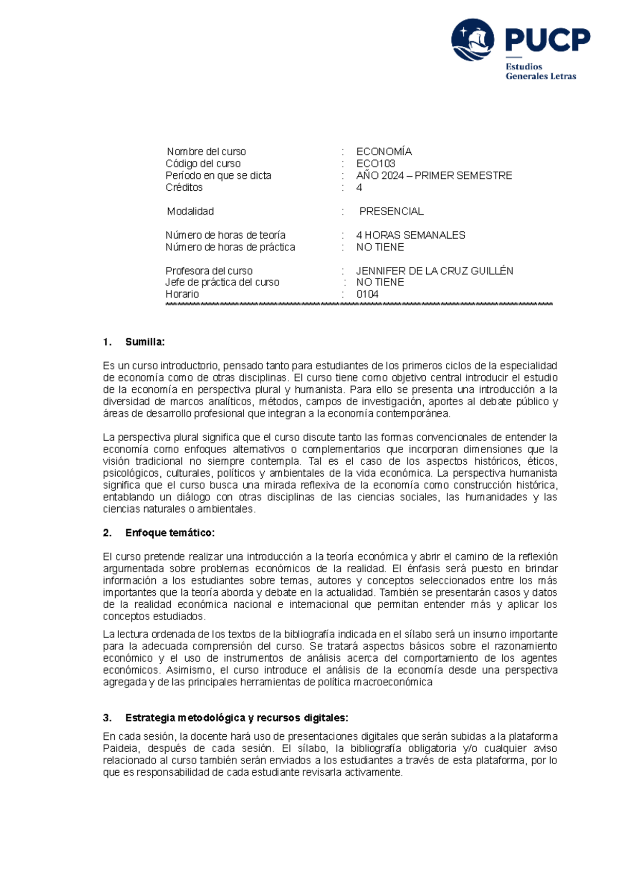 Silabo ECO103 - Introducción a la Economía 2024-1 - Document Preview