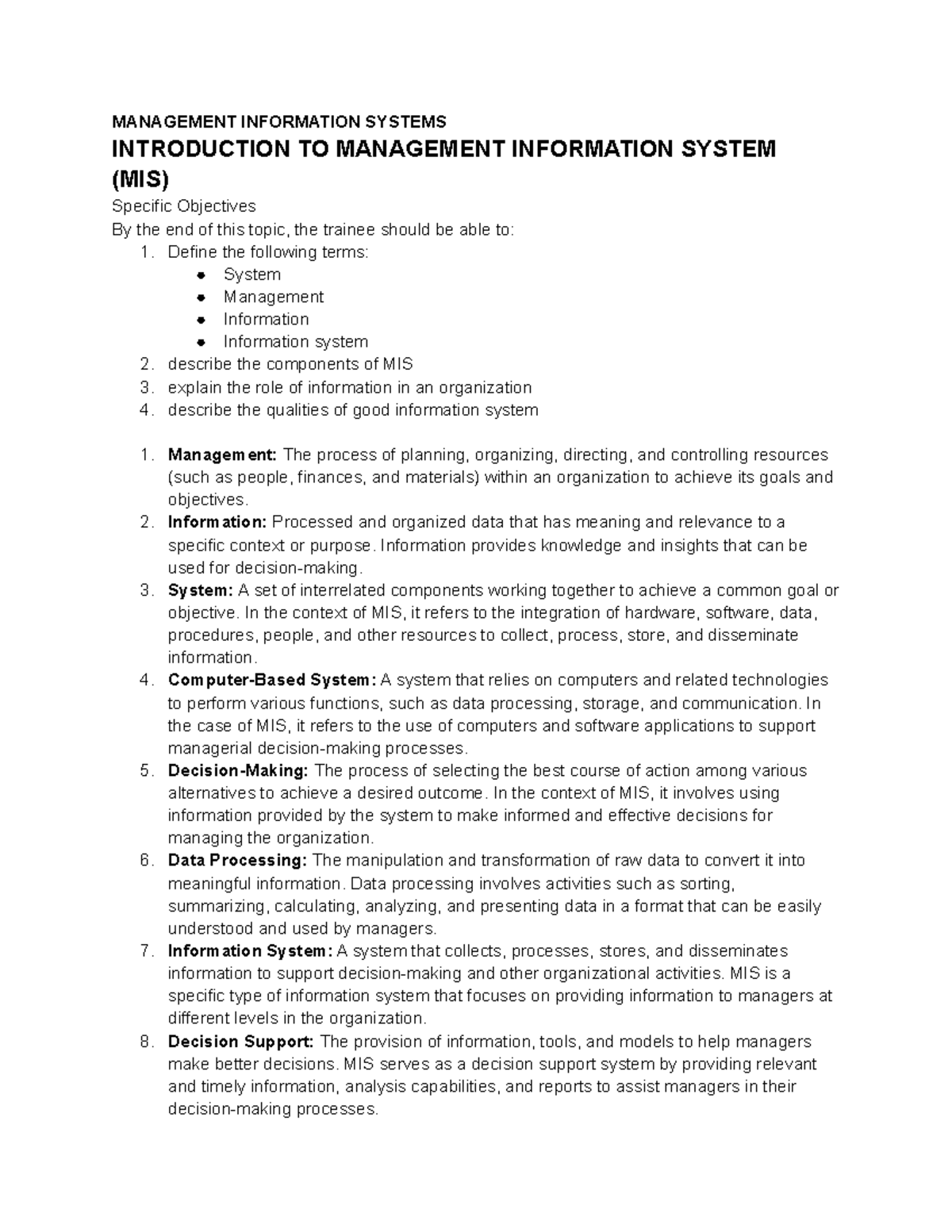 MIS 101 - Introduction to Management Information Systems Overview - Studocu