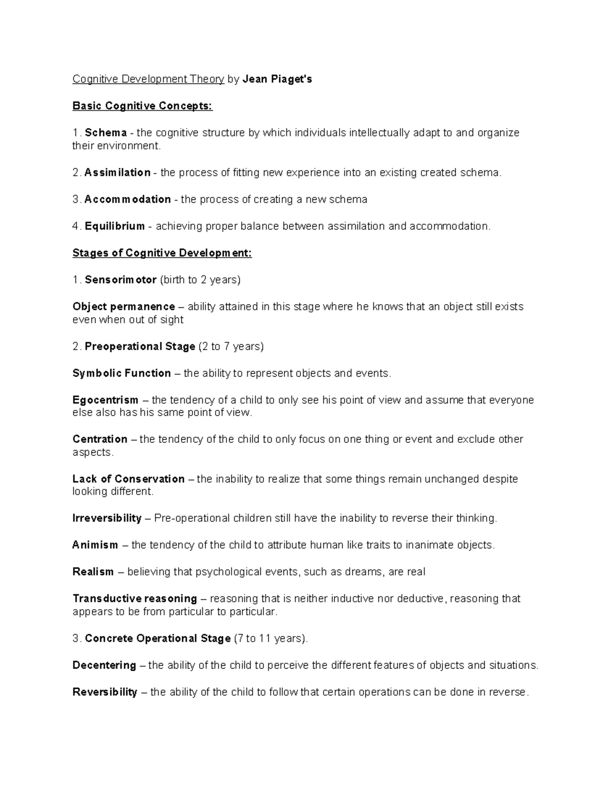Cognitive Development Stages: Insights from Jean Piaget's Theory - Studocu