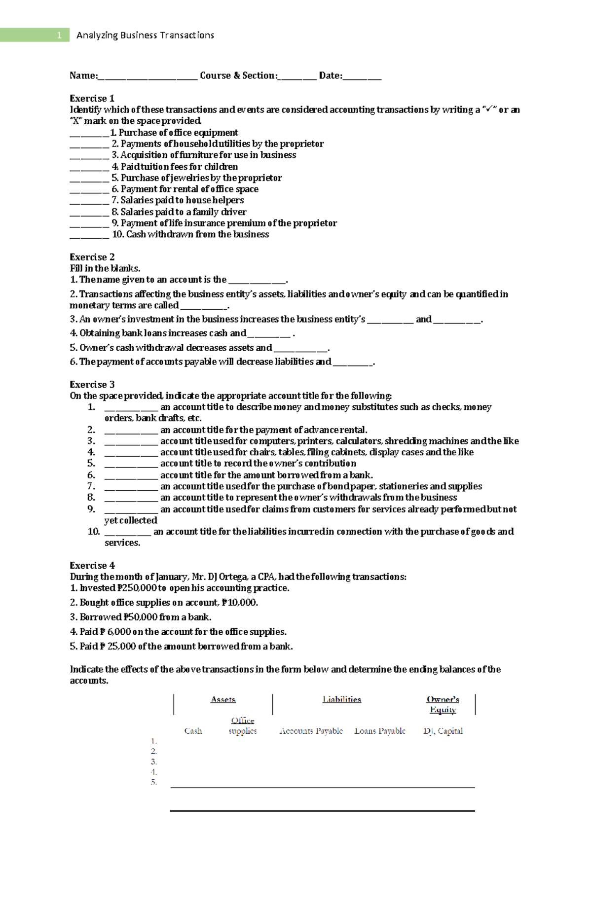 543222072 Analyzing Business Transactions - Exercises & Account Titles ...