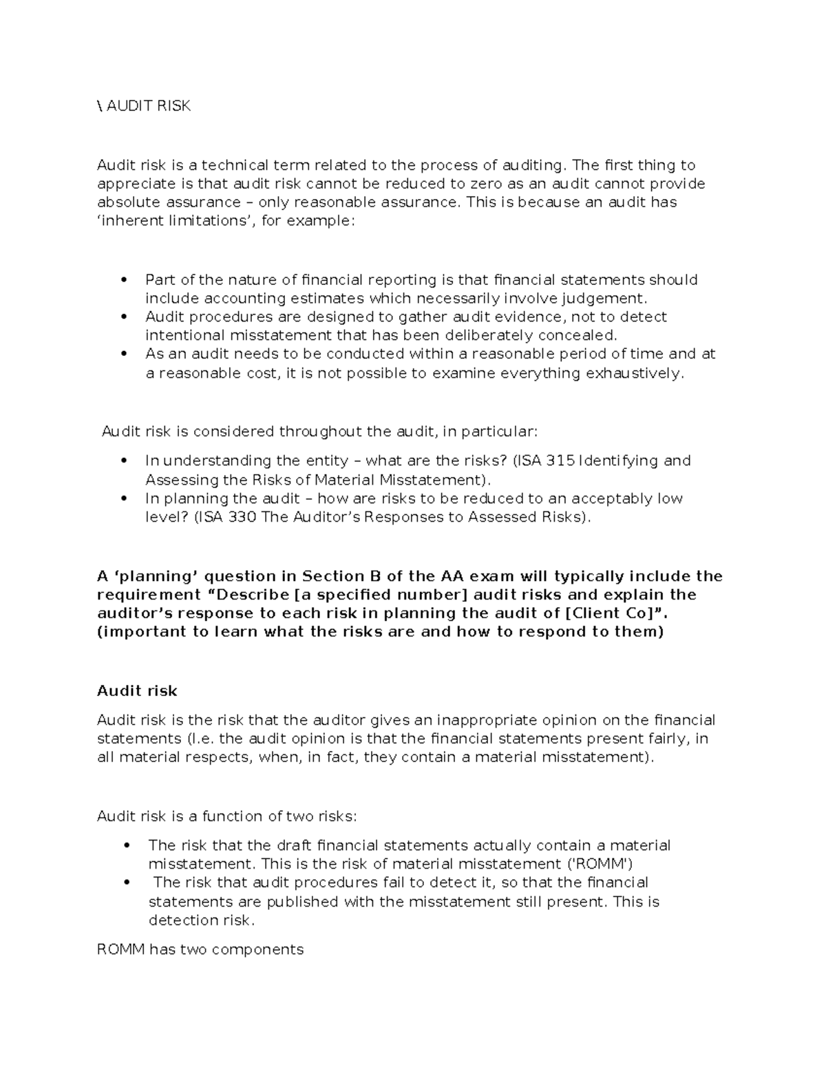 AUDIT RISK: Understanding and Managing Audit Procedures (AA) - Studocu