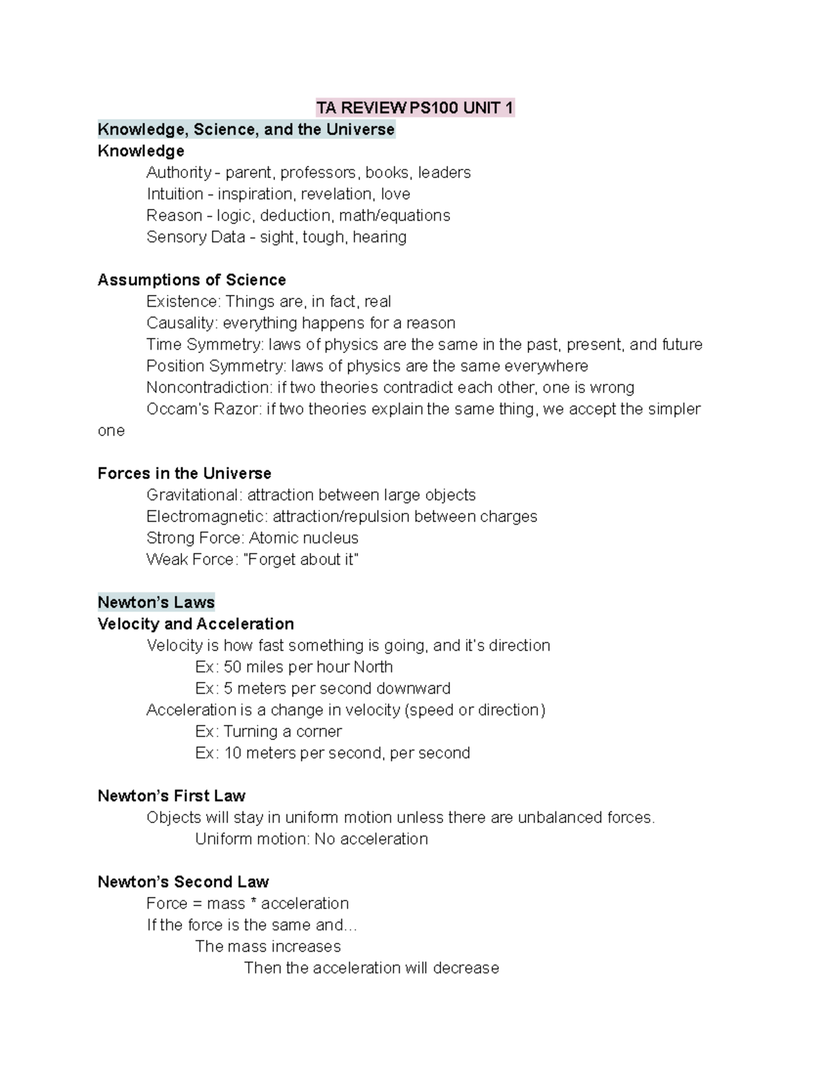 PHY S 100 - Exam 1 Teaching Assistant Review Notes - Studocu