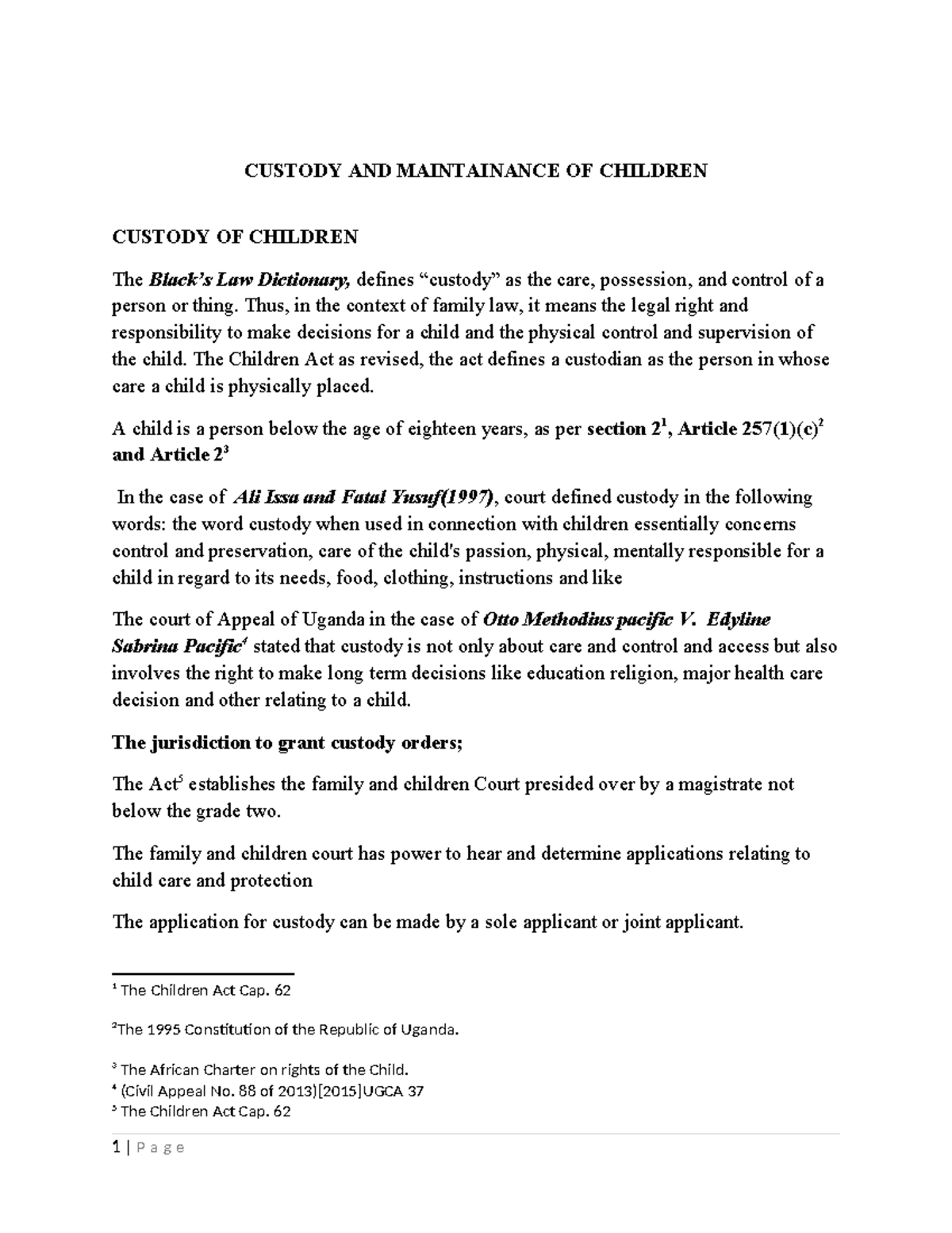 Custody and Maintenance of Children: Key Legal Insights (LAW 101) - Studocu
