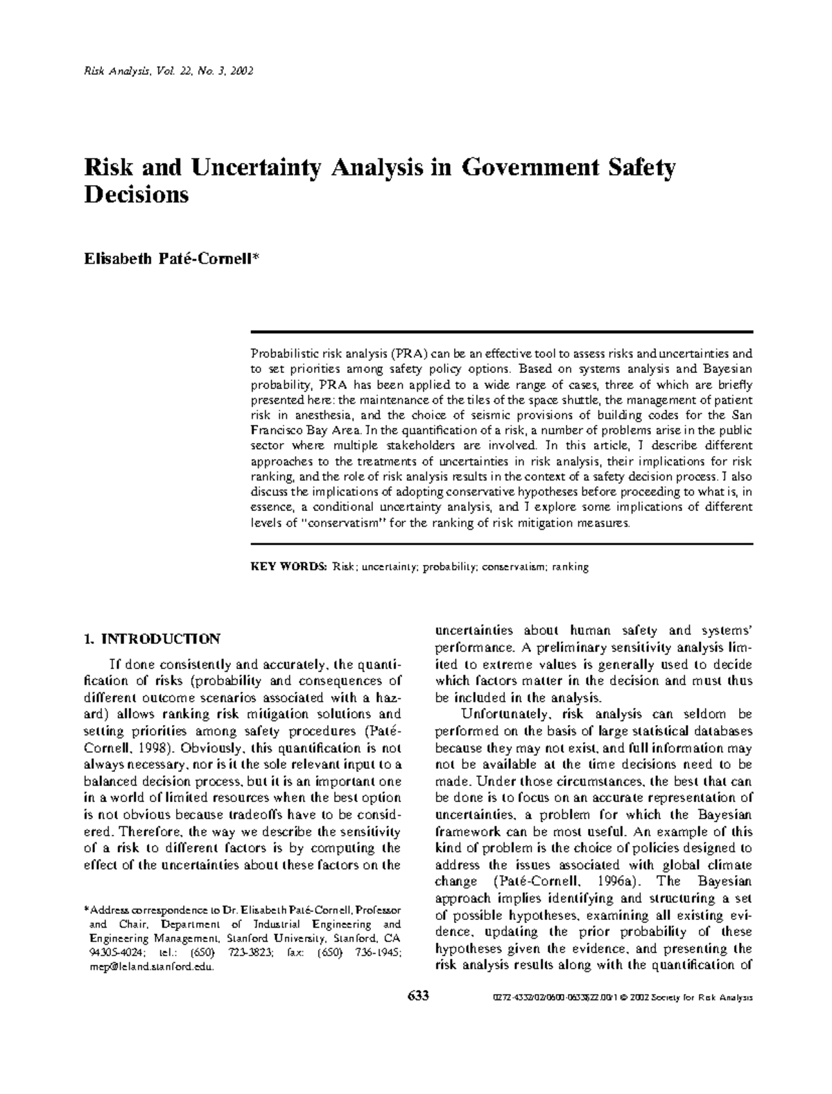 Risk and Uncertainty Analysis in Government Safety Decisions (ENGR 2002 ...
