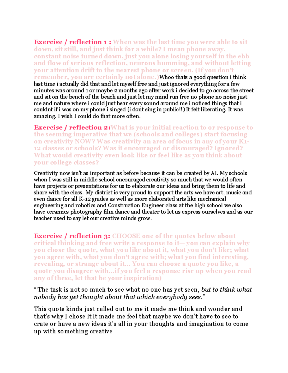 K112 Exercise Reflections: Creativity, Critical Thinking & Mindfulness ...