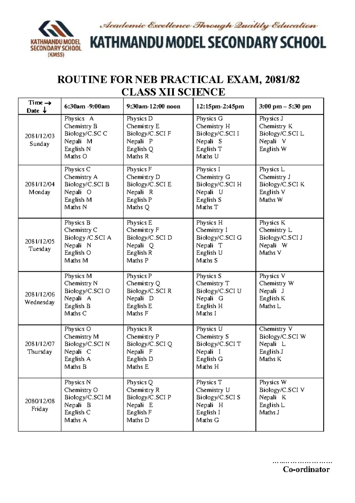 Routine for NEB Practical Exam Class XII Science 2081/82 - Studocu