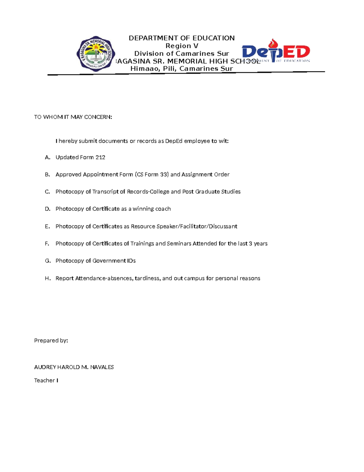 201 File Submission for DepEd Employee - Audrey Harold M. Navales - Studocu
