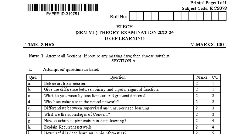 KCS078 - Deep Learning Theory Exam Notes for BTECH SEM VII - Studocu