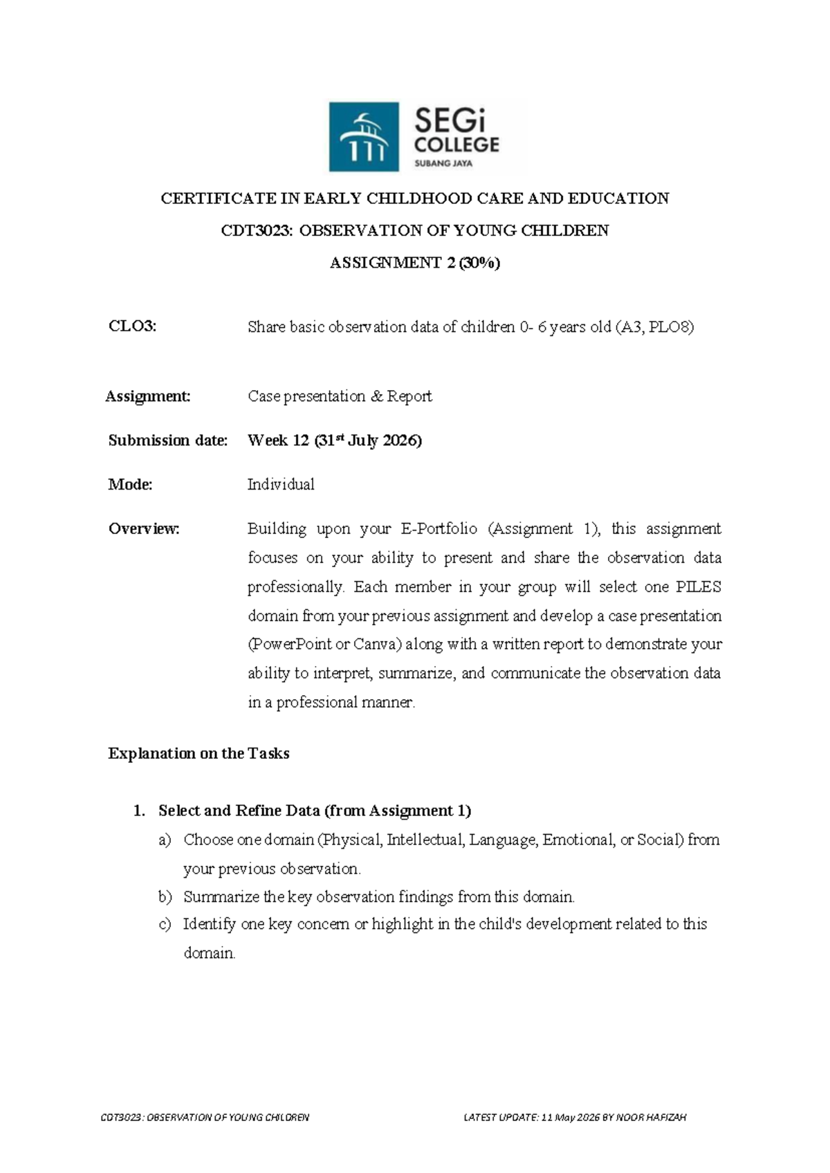 CDT3023: Assignment 2 - Case Presentation Report on Child Observation ...