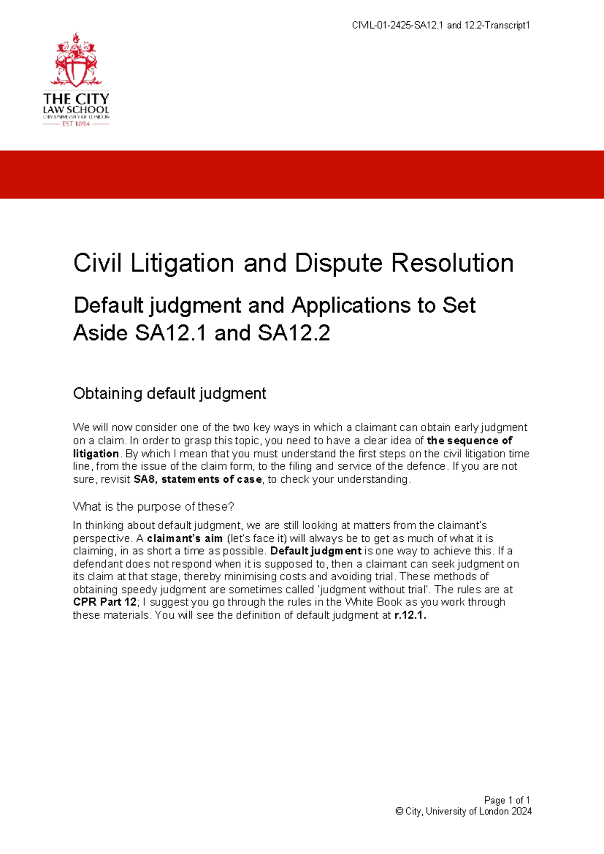 Civil Litigation & Dispute Resolution: Default Judgment SA12.1 & SA12.2 ...