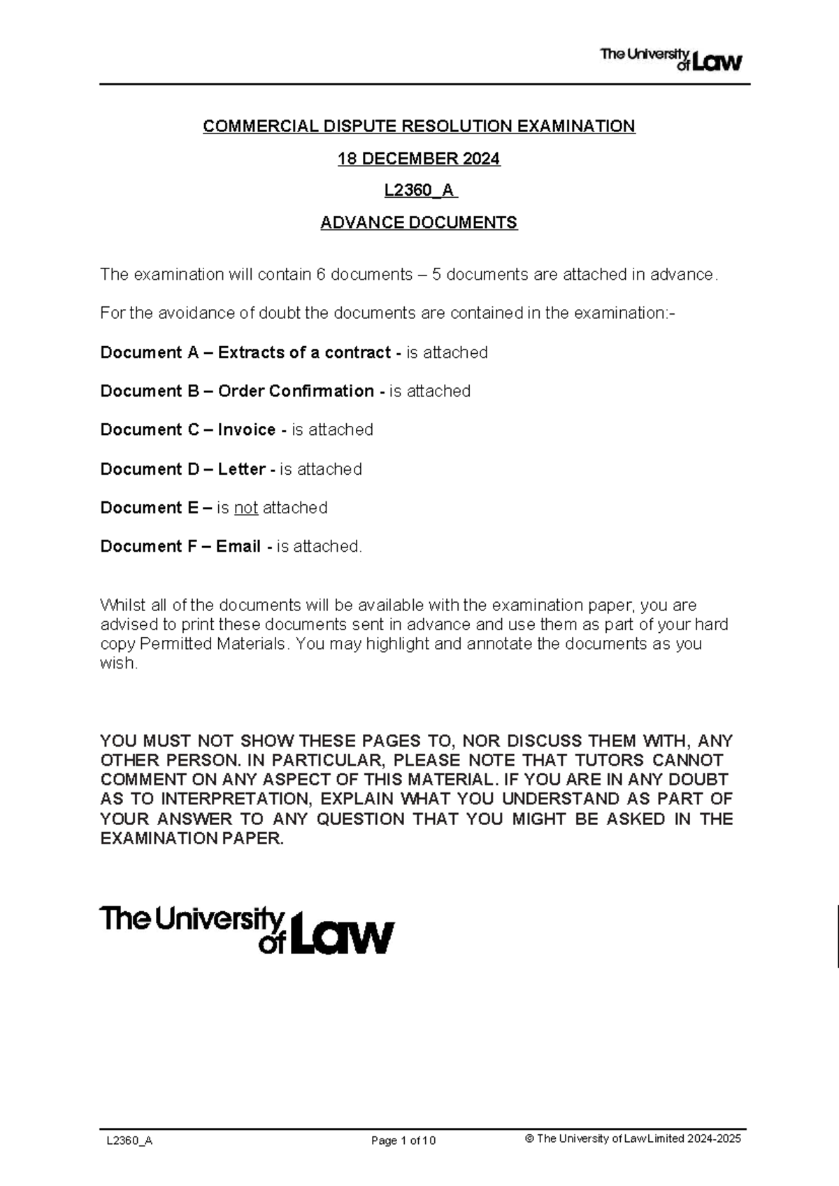 L2360_A Commercial Dispute Resolution Exam: Advance Documents (Dec 2024 ...