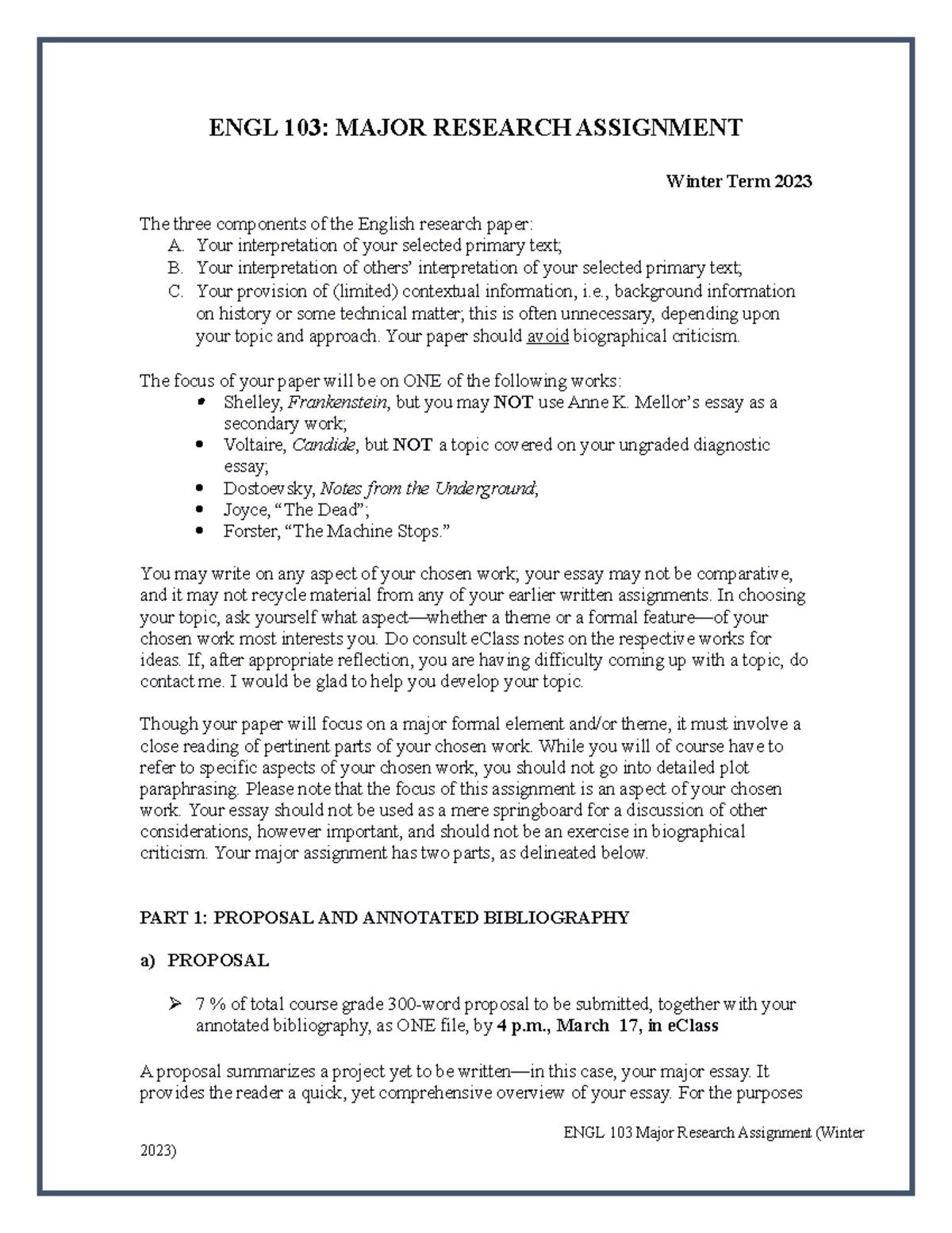 ENGL 103 W2023 Major Research Paper Proposal Guidelines - Studocu