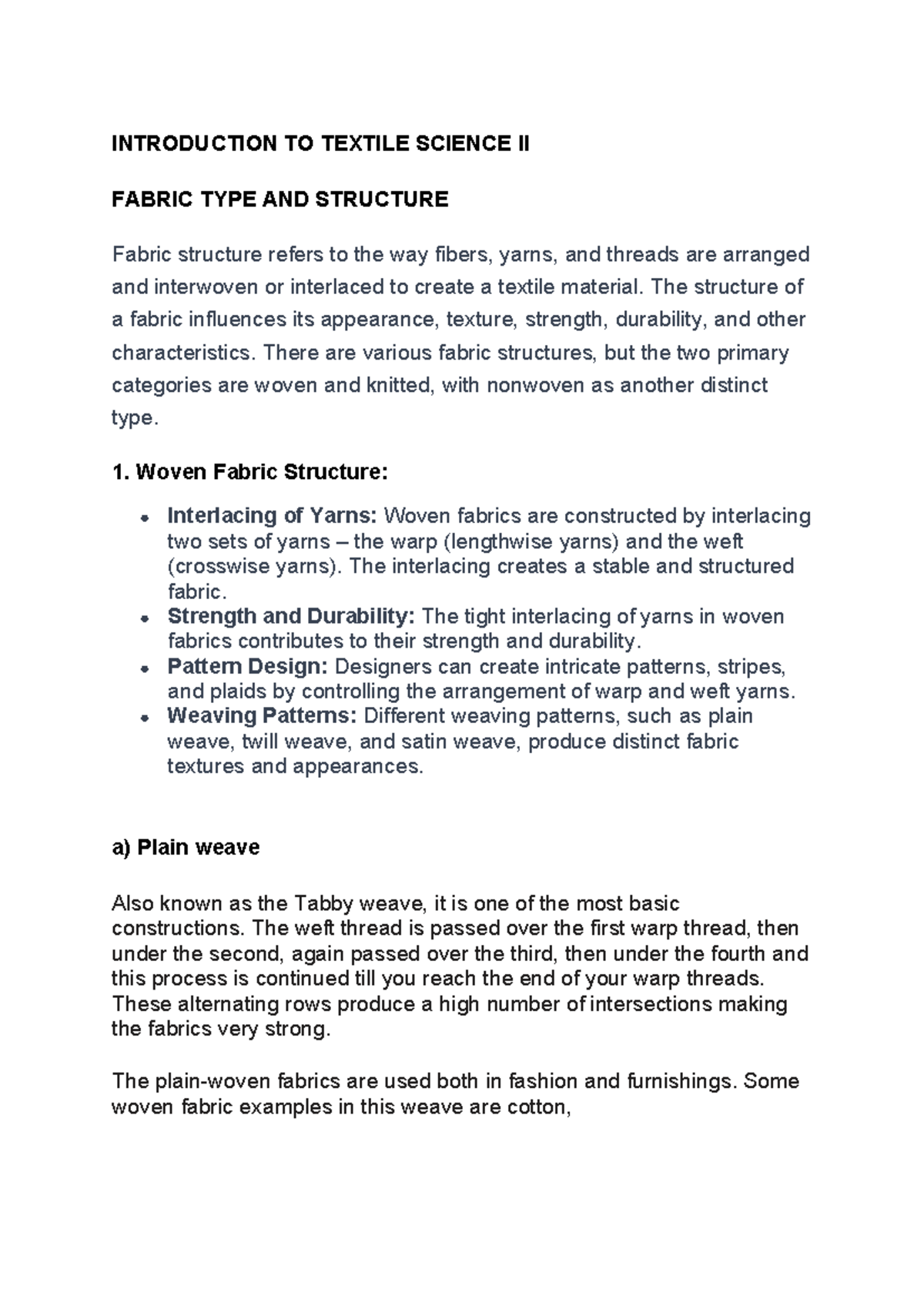Introduction to Textile Science II: Fabric Types & Structures - Studocu