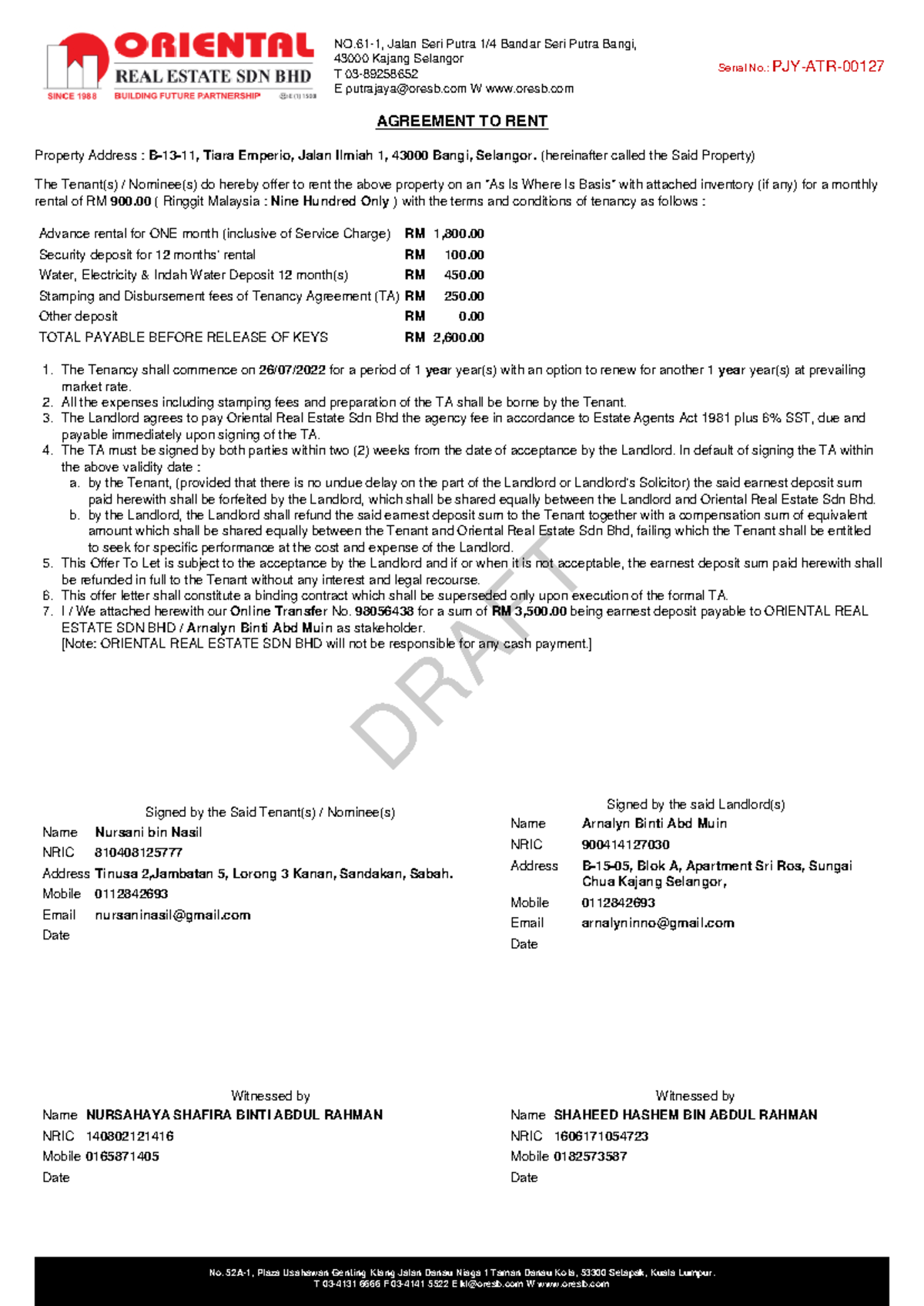 Agreement to Rent - Draft for PJY-ATR - Rental Details - Studocu