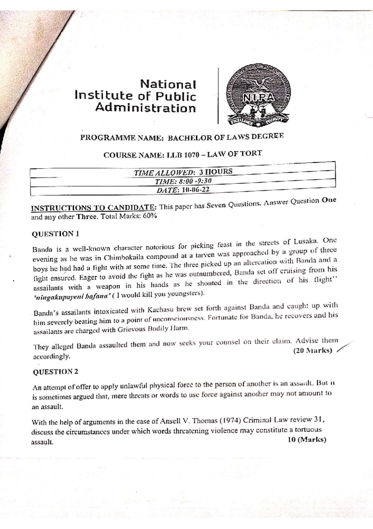 LLB 1070 Law of Tort - Past Exam Paper Analysis - Studocu