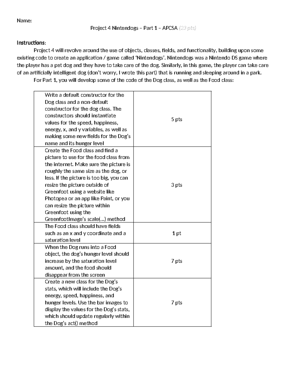 Project 4 Nintendogs - Part 1 APCSA (23 pts) Instructions - Studocu
