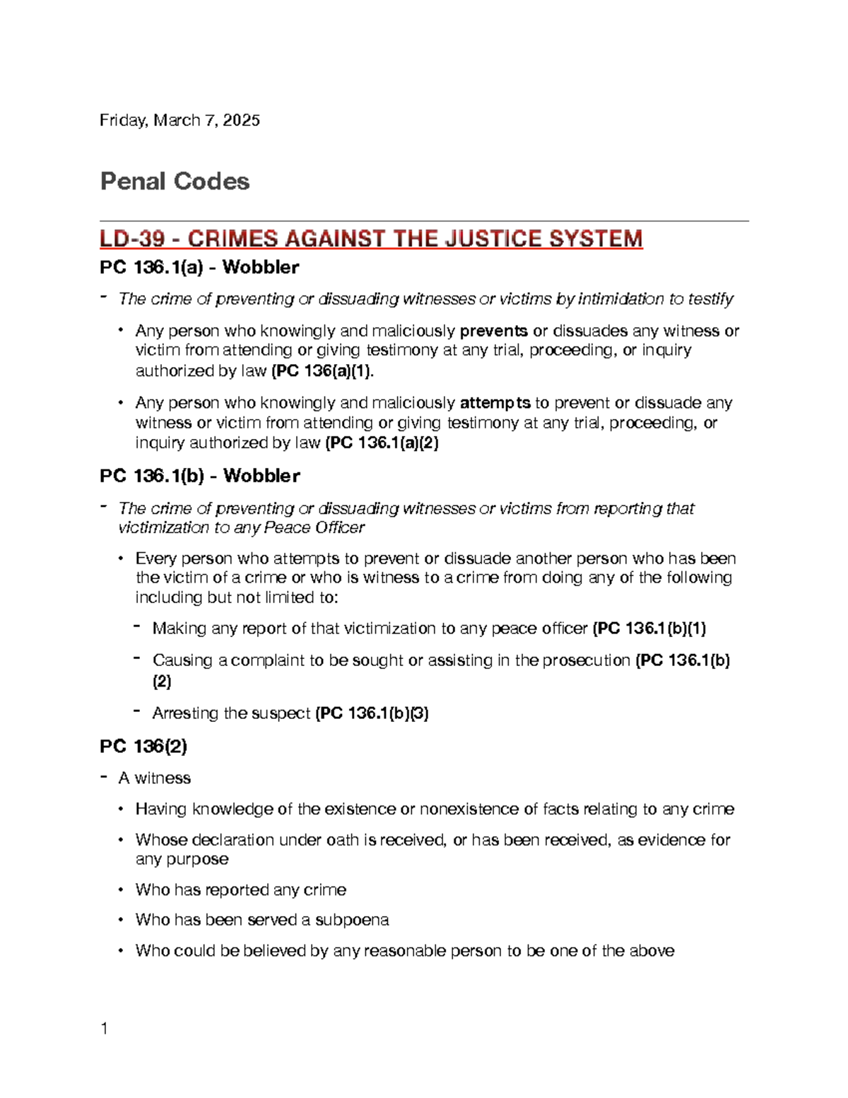 Penal Codes on Crimes Against Justice System: PC 136.1(a) & More - Studocu