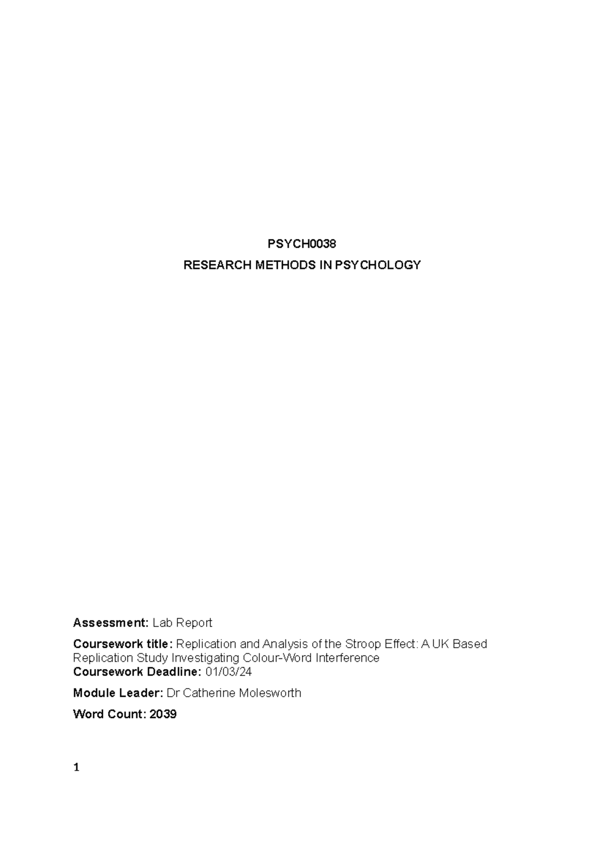 Replication and Analysis of the Stroop Effect: Lab Report for PSYCH ...