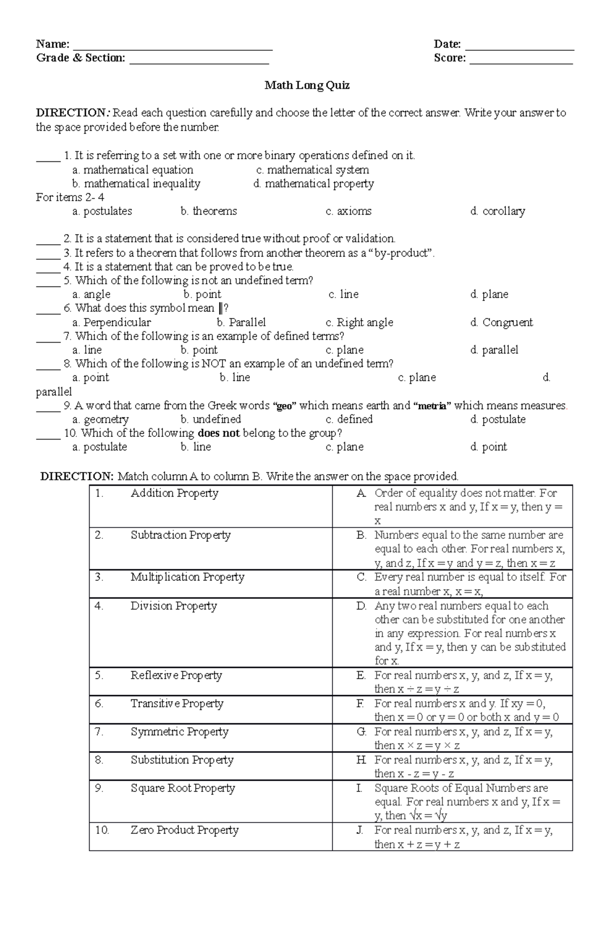 Math 8 long quiz - 3rd quarter long exam - Name ...