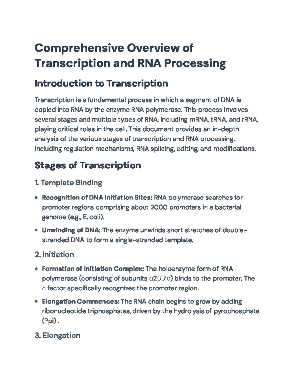 Comprehensive Overview of Transcription and RNA Processing ...