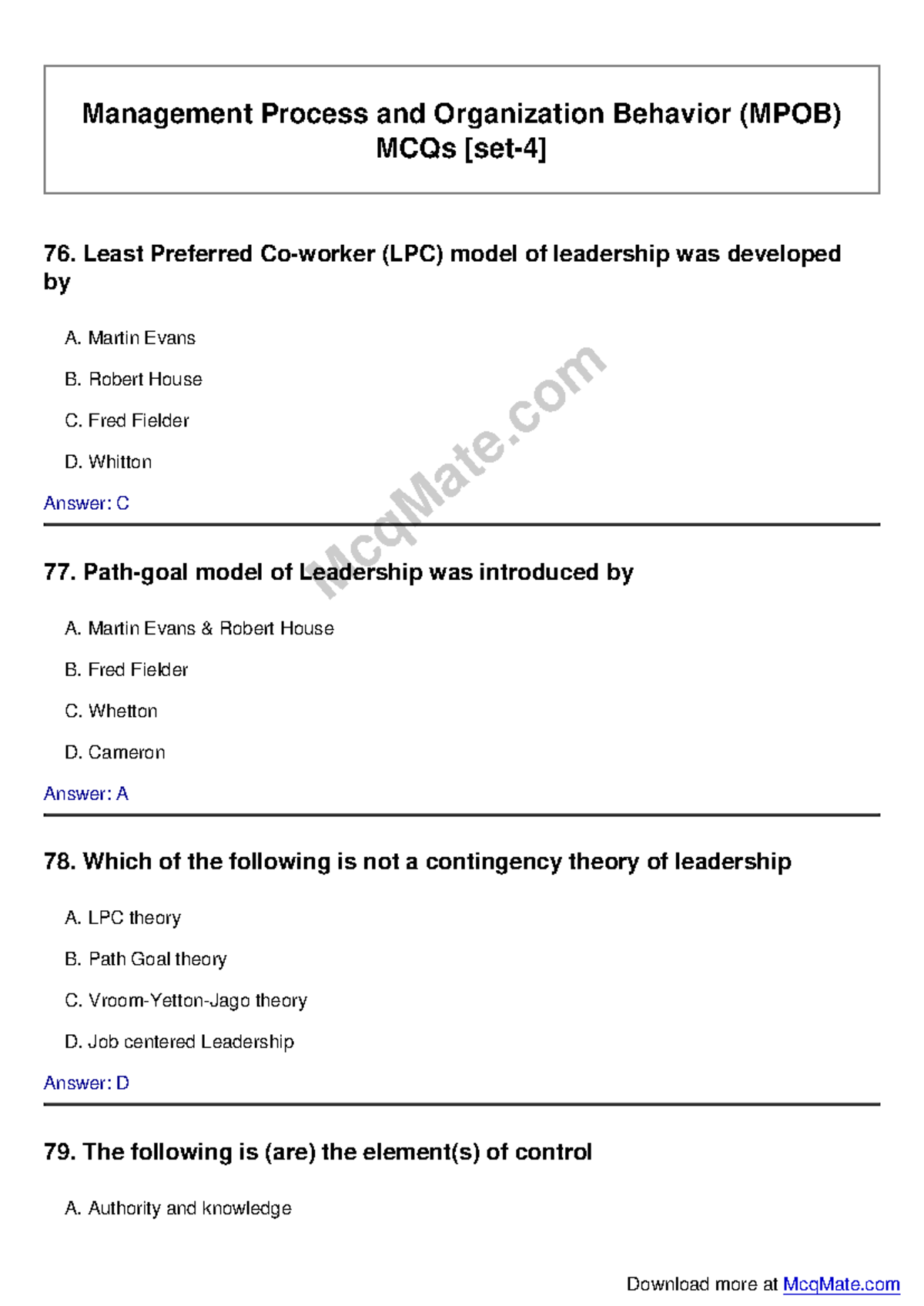 Management Process and Organization Behavior (MPOB) Solved MCQs [set-4 ...